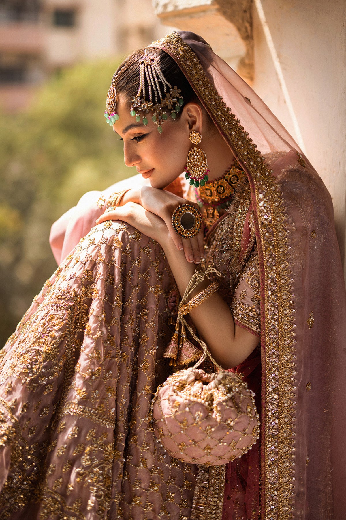 Light Pink Embroidered Organza & Net Mukesh Bridal Lehenga (3-Piece) - Image 7