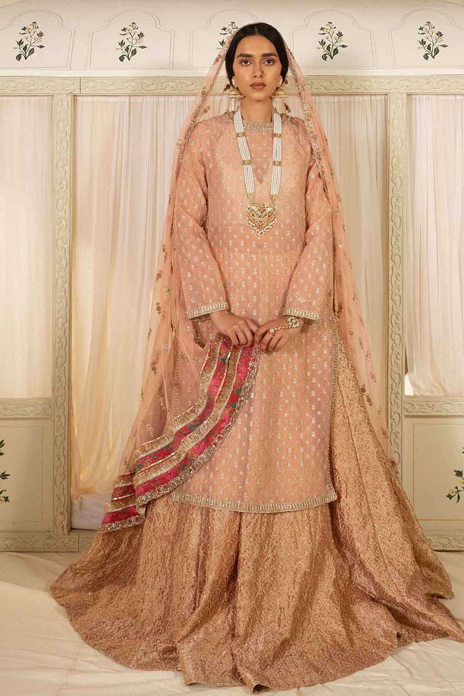 Pakistani Peach Gota Embroidered Organza Kameez with Tissue Lehenga (3-Piece) - Image 1