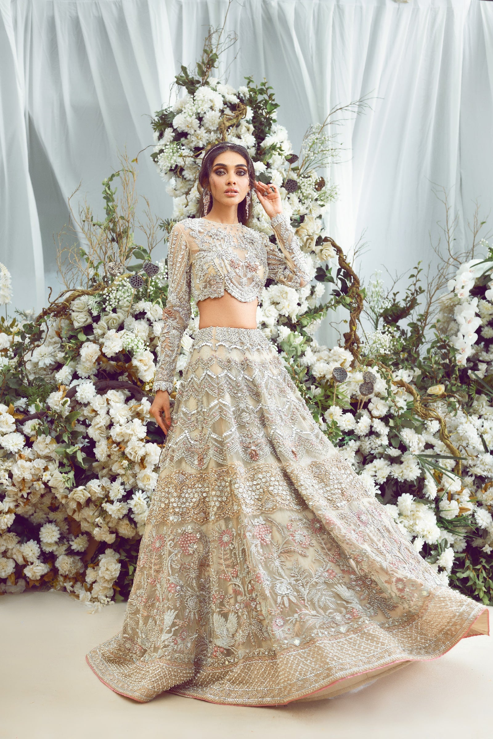Pakistani Dusty Pink Hand-Embellished Organza Choli & Ivory Net Lehenga (3-Piece) - Image 1
