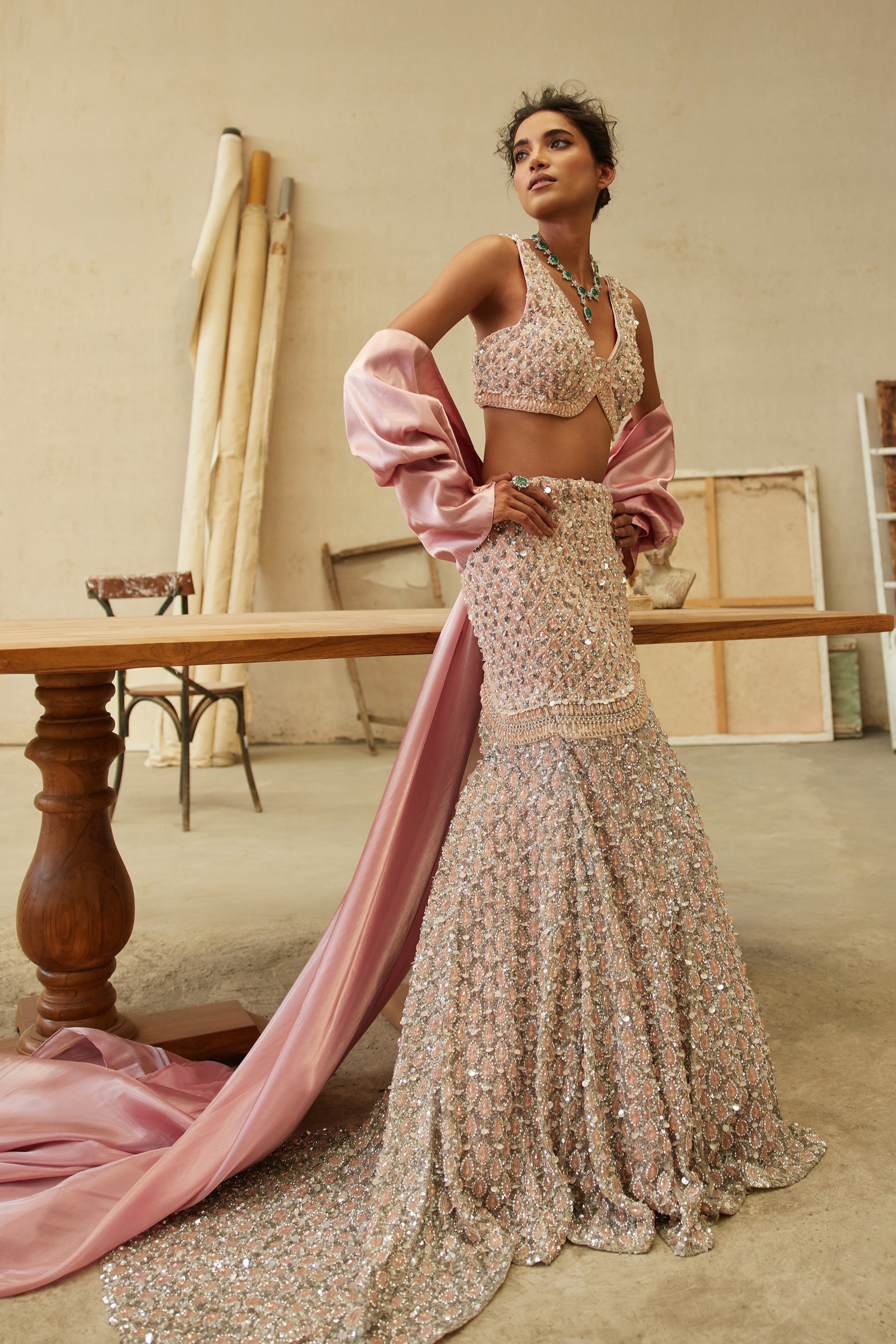 Blush Pink Hand-Embroidered Net & Organza Mermaid Lehenga (2-Piece) - Image 1
