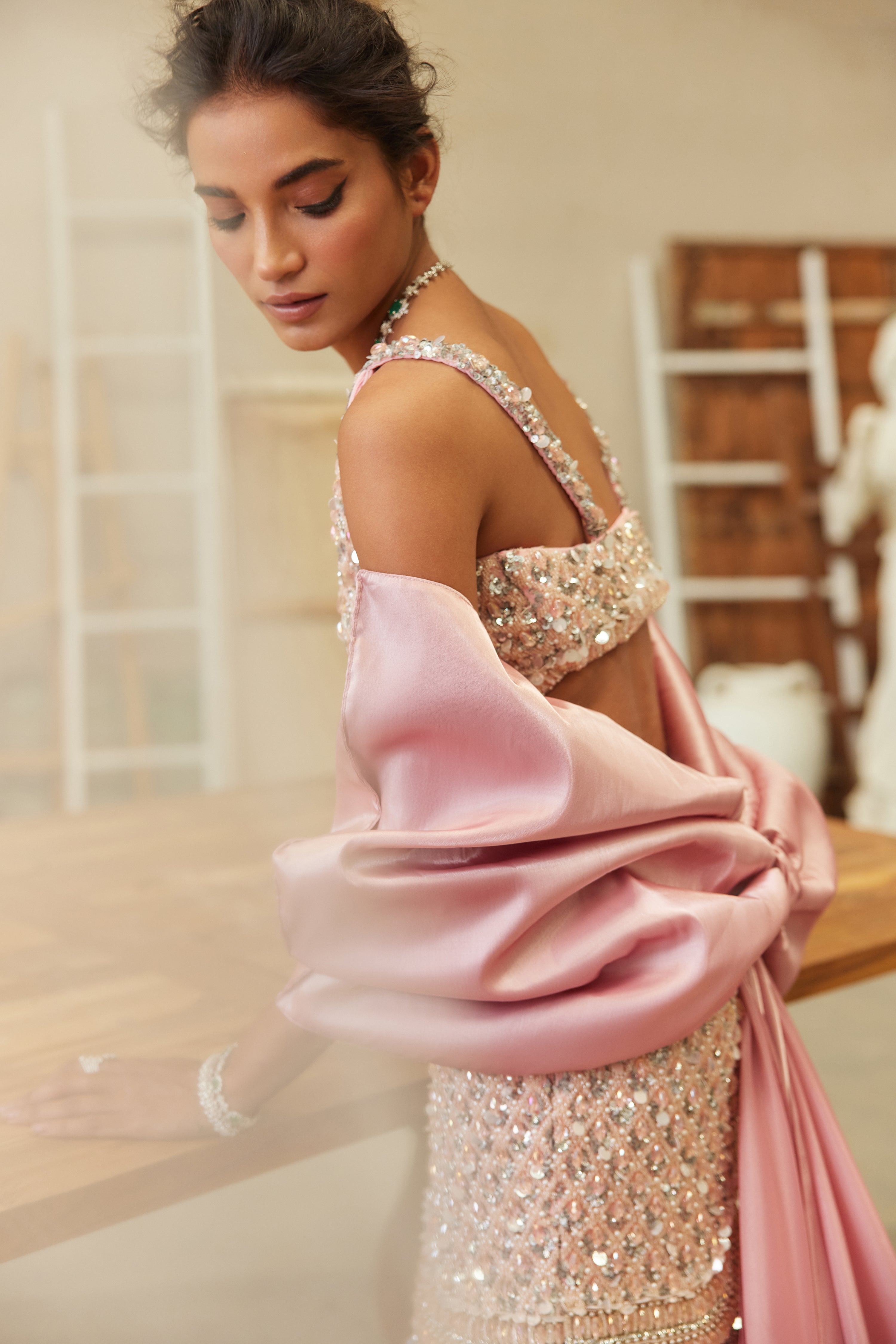 Blush Pink Hand-Embroidered Net & Organza Mermaid Lehenga (2-Piece) - Image 2