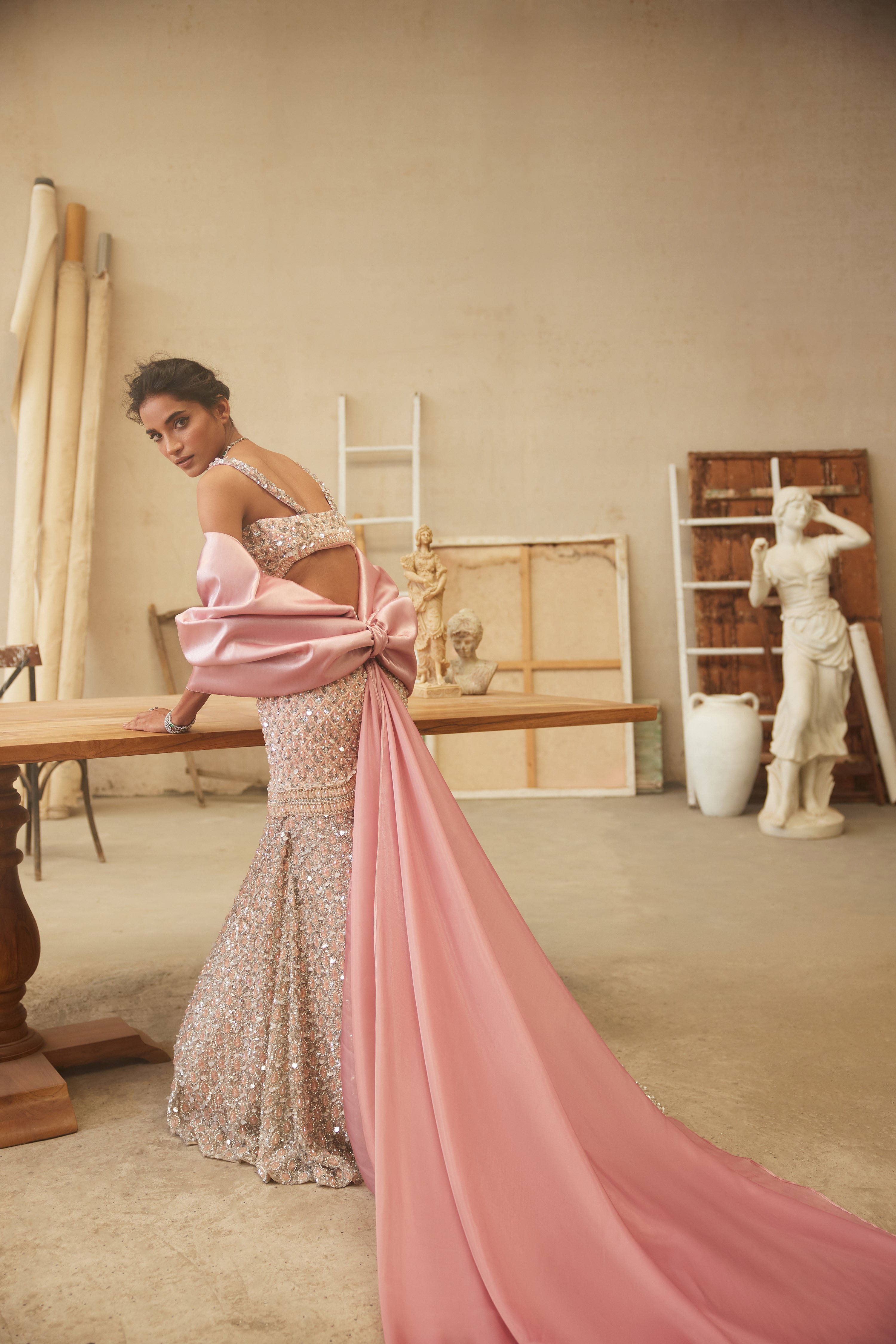 Blush Pink Hand-Embroidered Net & Organza Mermaid Lehenga (2-Piece) - Image 4