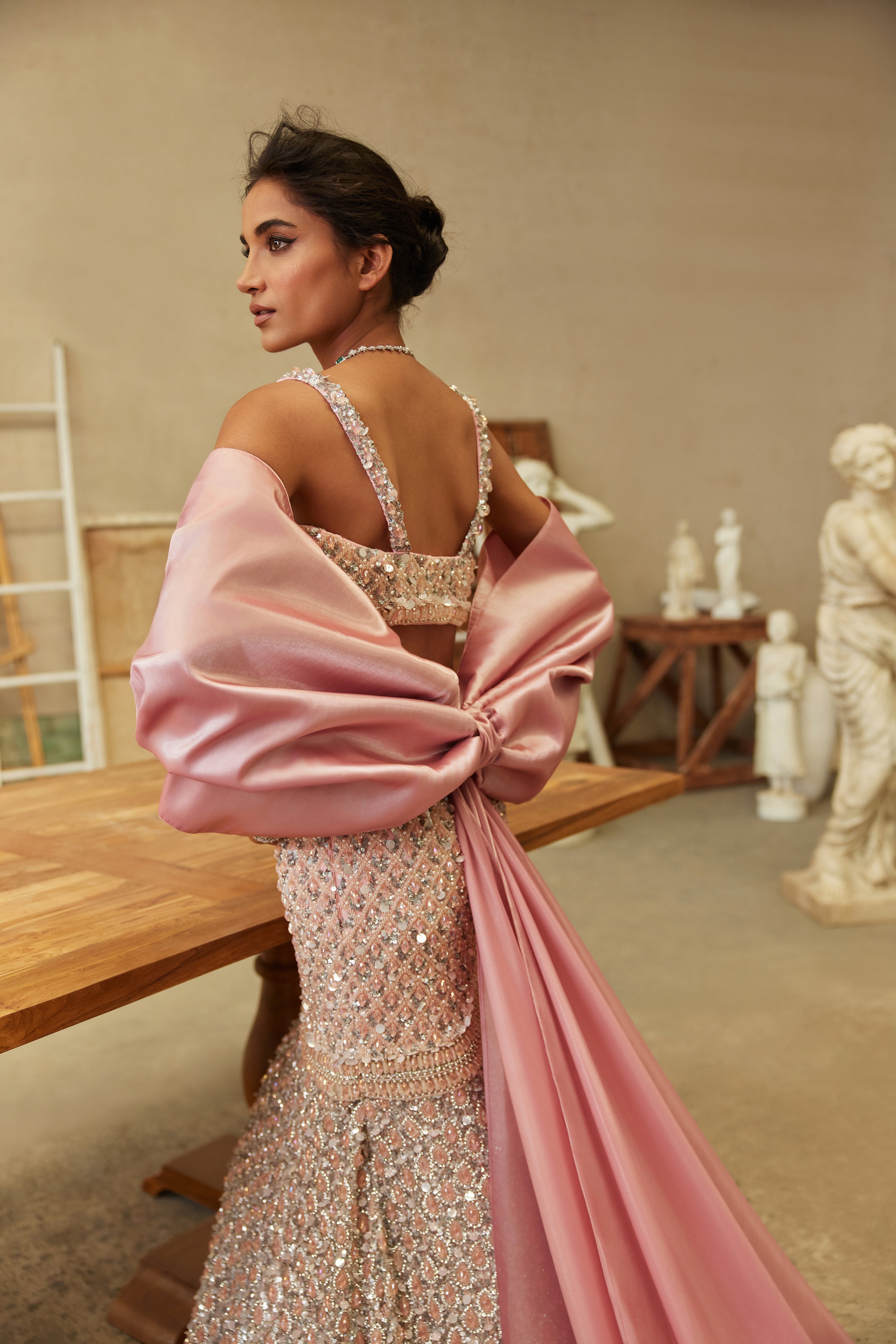 Blush Pink Hand-Embroidered Net & Organza Mermaid Lehenga (2-Piece) - Image 5