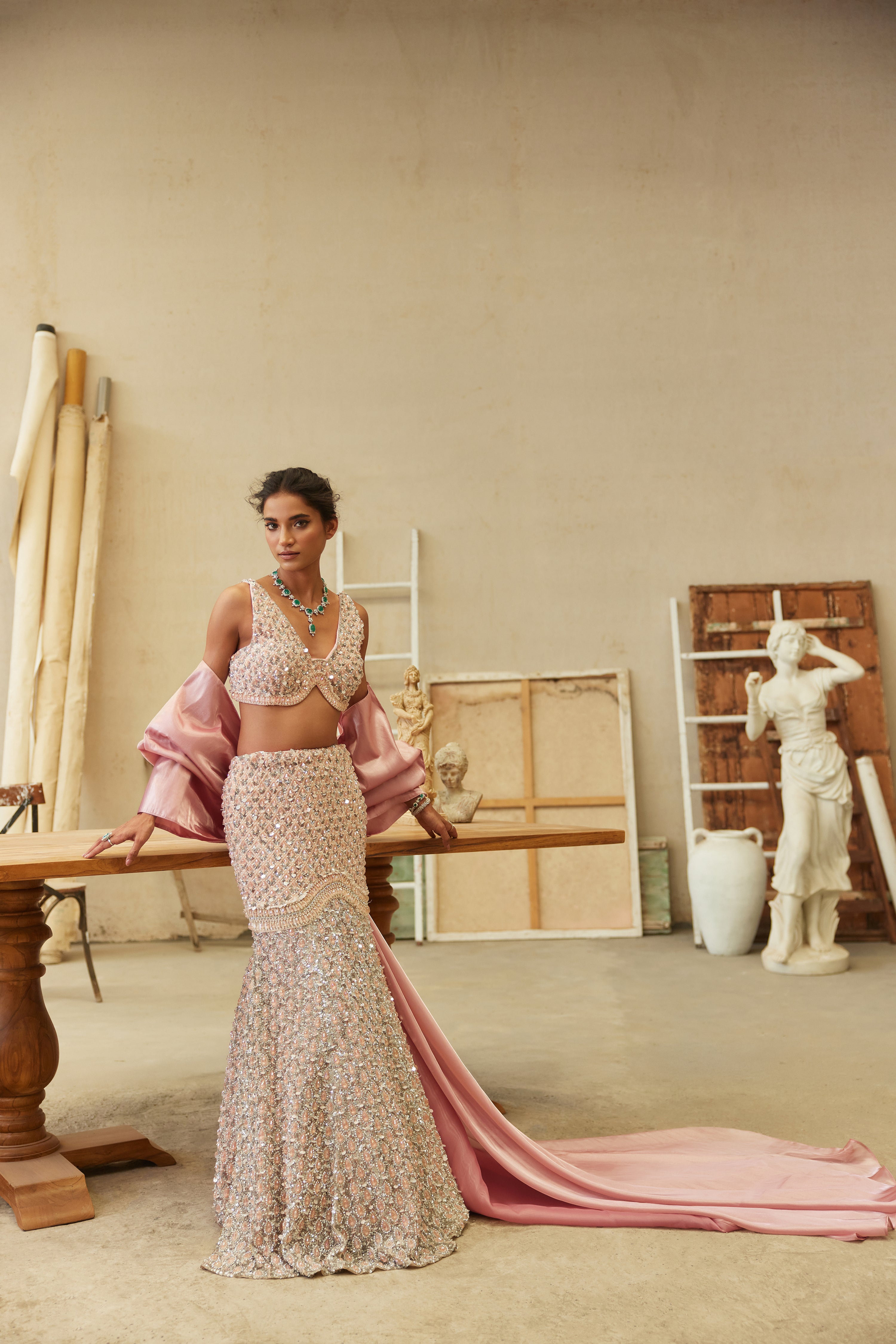 Blush Pink Hand-Embroidered Net & Organza Mermaid Lehenga (2-Piece) - Image 6
