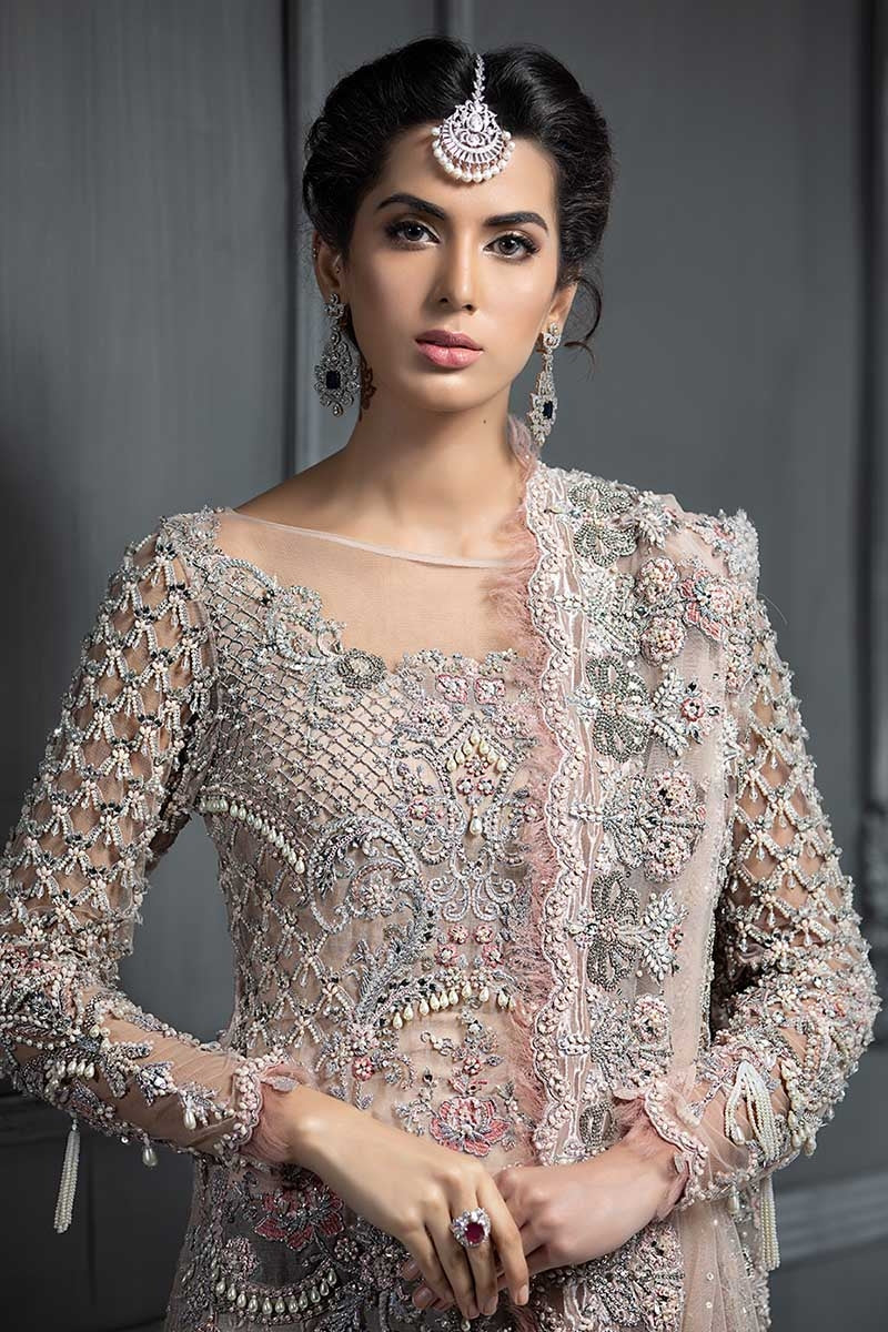 Powder Pink Embellished Organza & Jamawar Bridal Lehenga (3-Piece) - Image 3
