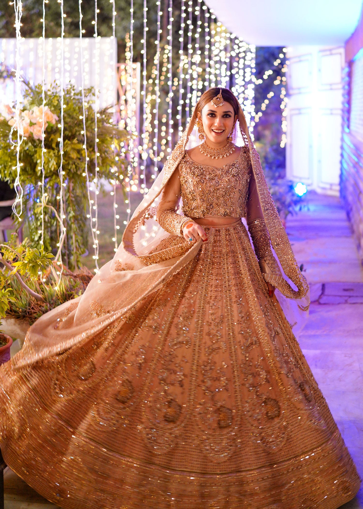 Tea Pink Rose Gold Embellished Bridal Lehenga (3-Piece) - Image 1