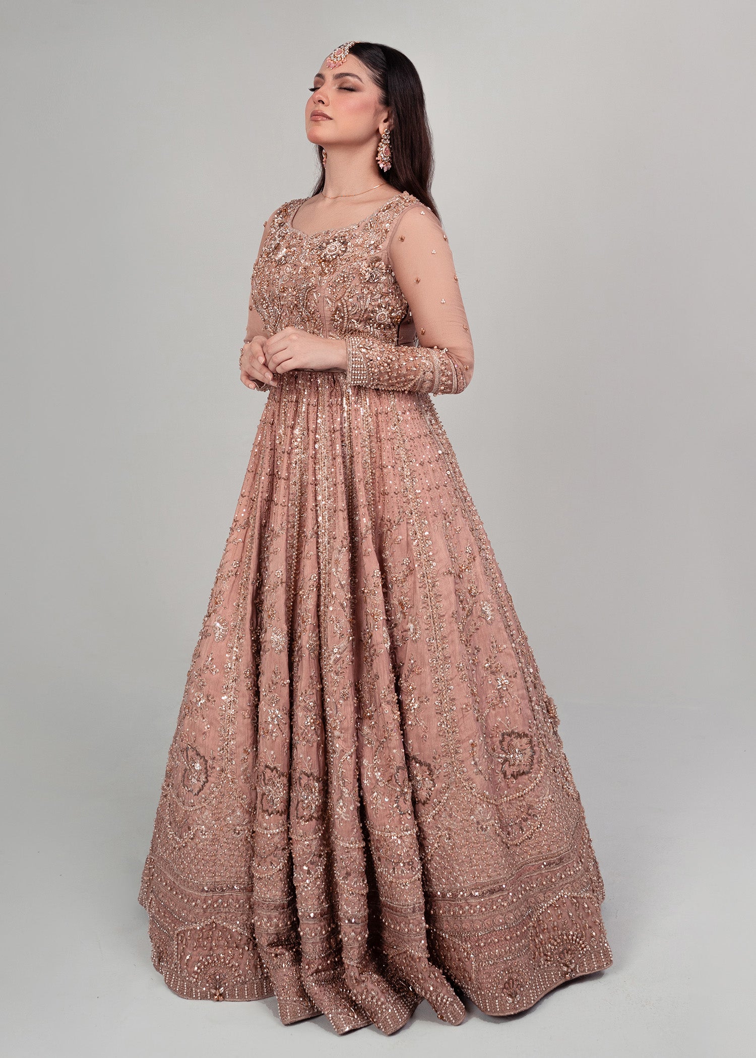 Tea Pink Rose Gold Embellished Bridal Lehenga (3-Piece) - Image 10