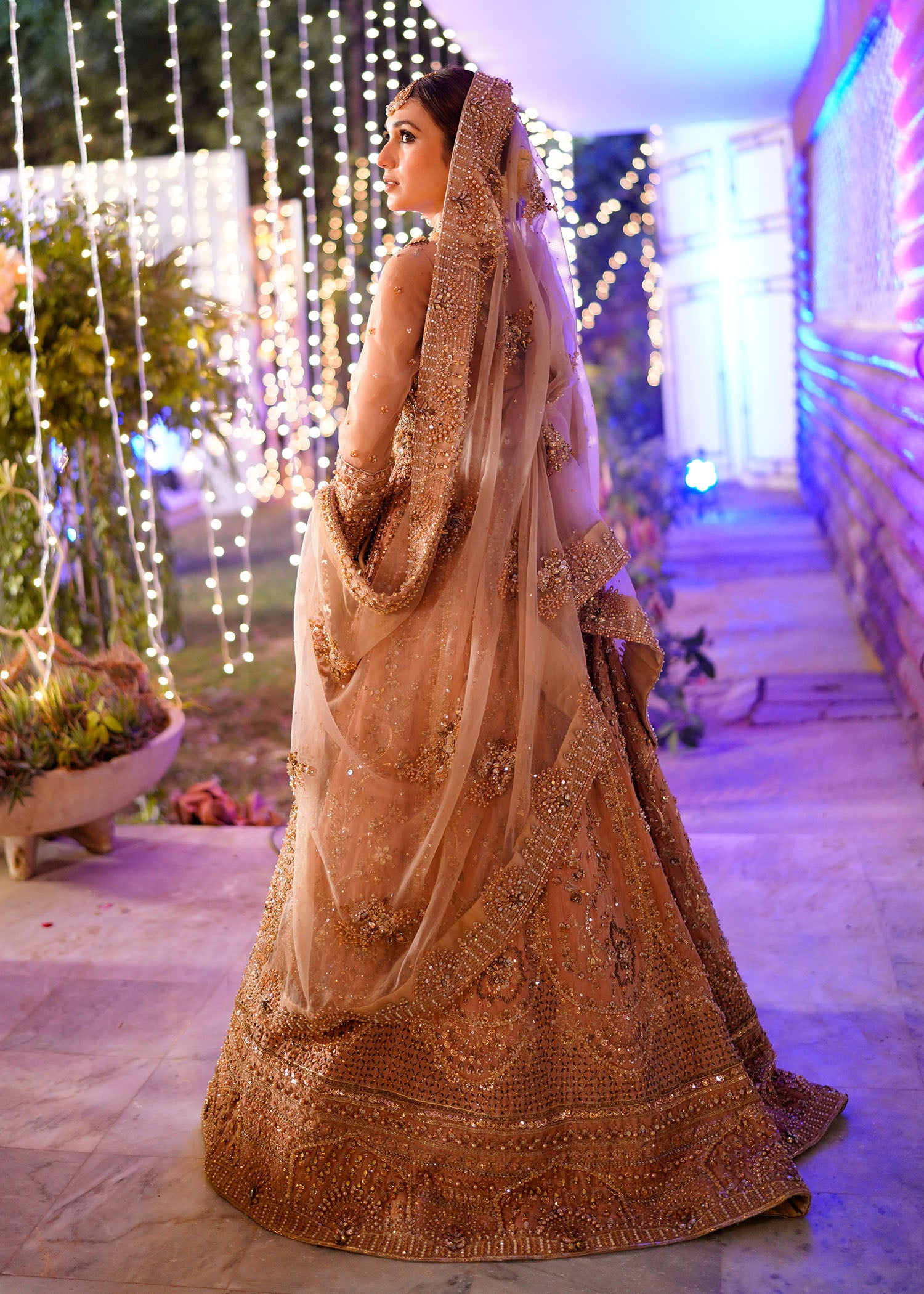 Tea Pink Rose Gold Embellished Bridal Lehenga (3-Piece) - Image 11