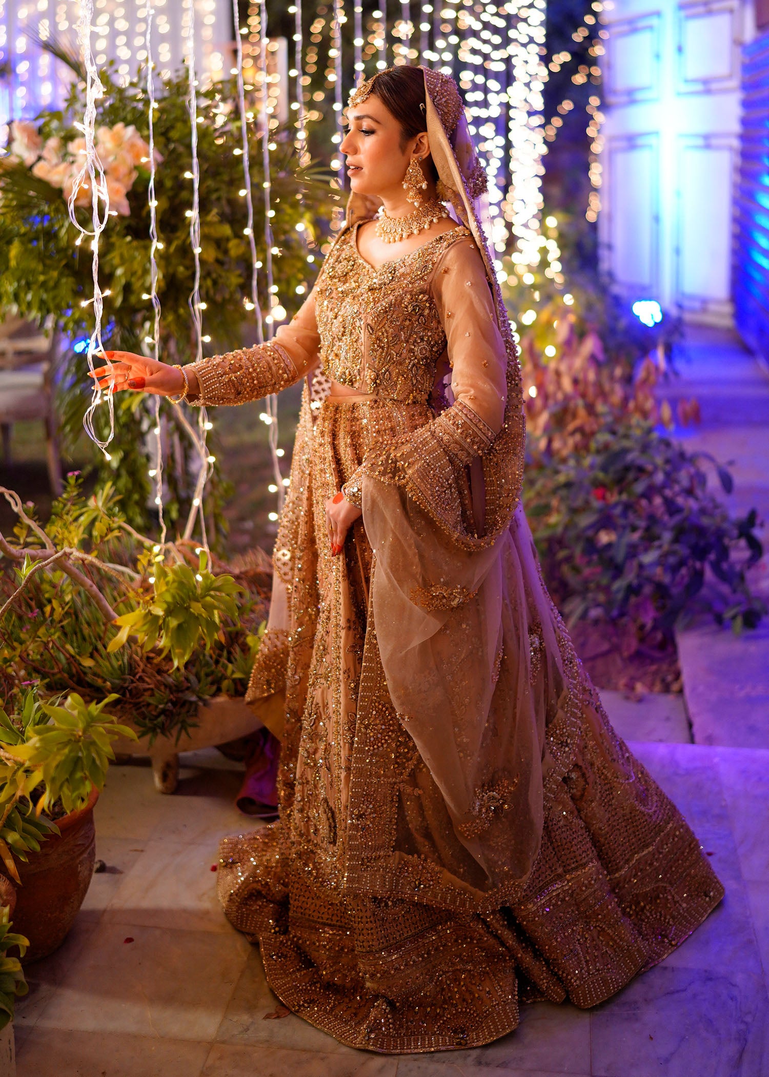 Tea Pink Rose Gold Embellished Bridal Lehenga (3-Piece) - Image 14