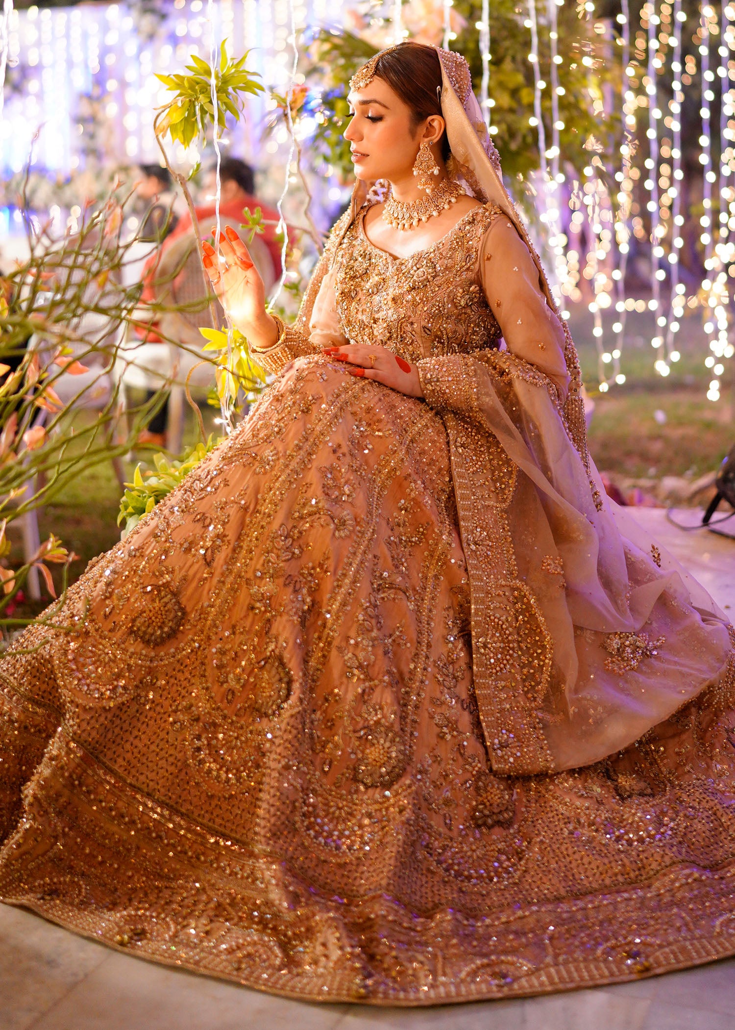 Tea Pink Rose Gold Embellished Bridal Lehenga (3-Piece) - Image 4