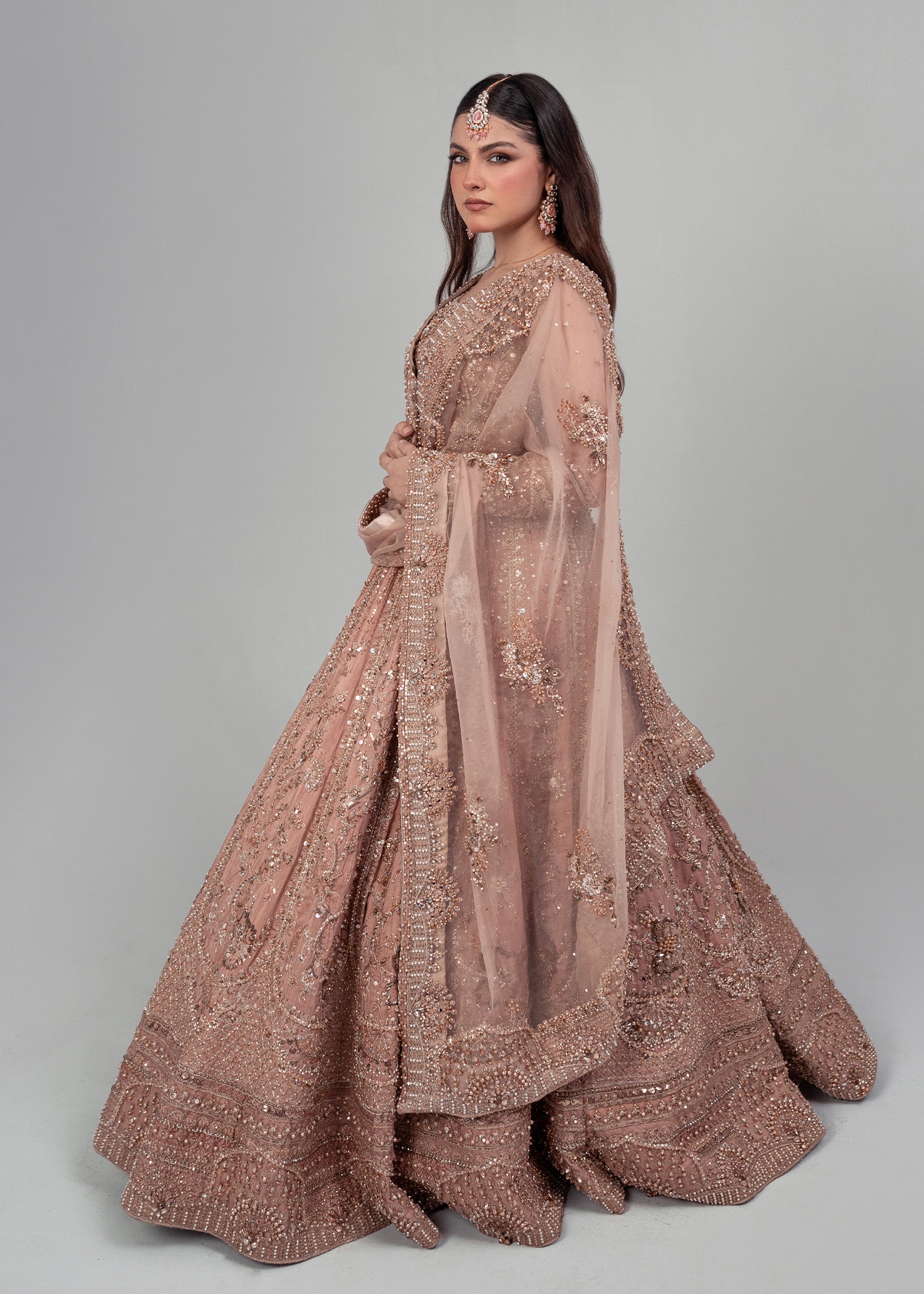 Tea Pink Rose Gold Embellished Bridal Lehenga (3-Piece) - Image 5