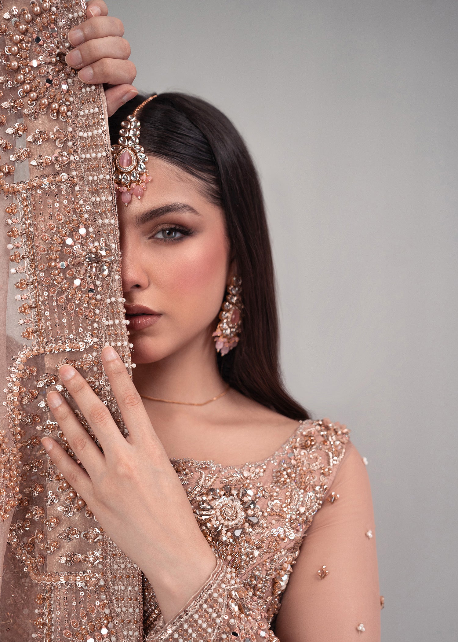 Tea Pink Rose Gold Embellished Bridal Lehenga (3-Piece) - Image 6