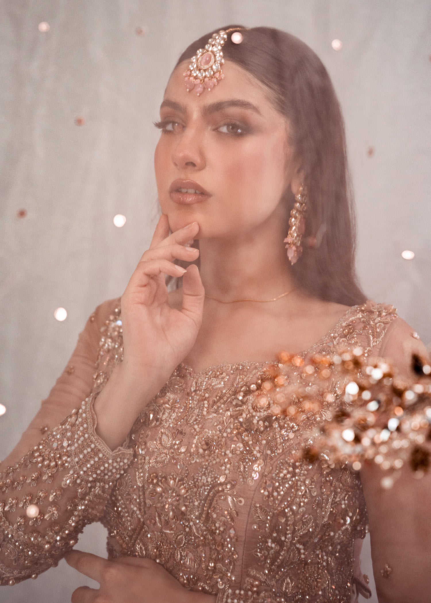 Tea Pink Rose Gold Embellished Bridal Lehenga (3-Piece) - Image 7