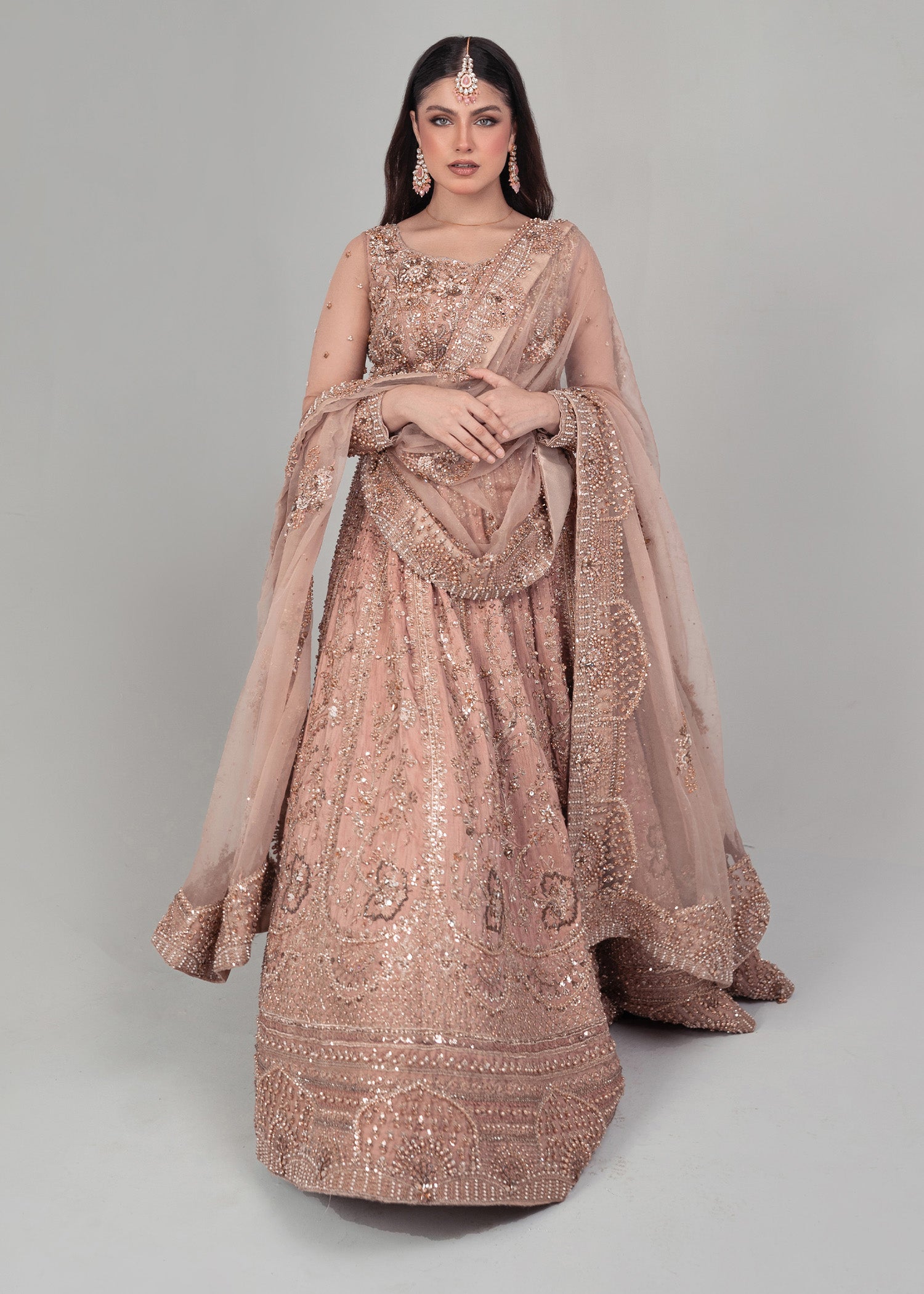 Tea Pink Rose Gold Embellished Bridal Lehenga (3-Piece) - Image 8