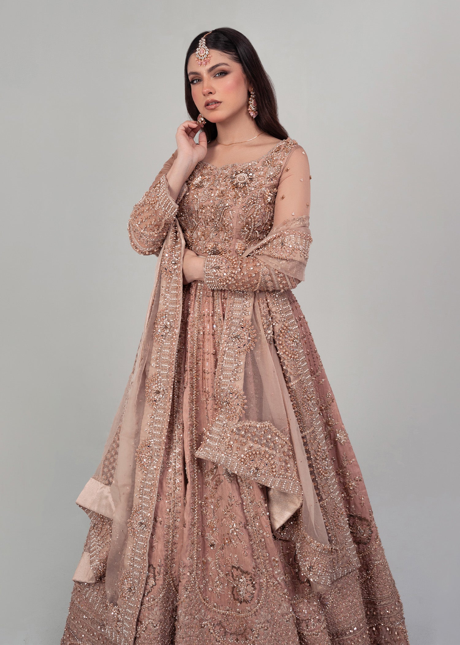 Tea Pink Rose Gold Embellished Bridal Lehenga (3-Piece) - Image 9