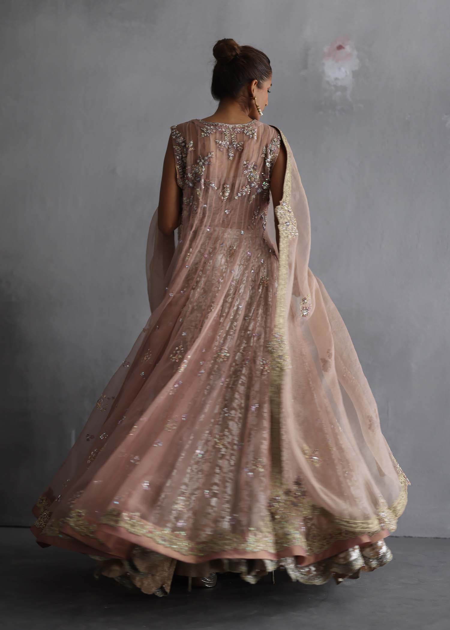 Pakistani Rose Pink Embellished Organza Gown with Lurex Lehenga (3-Piece) - Image 2