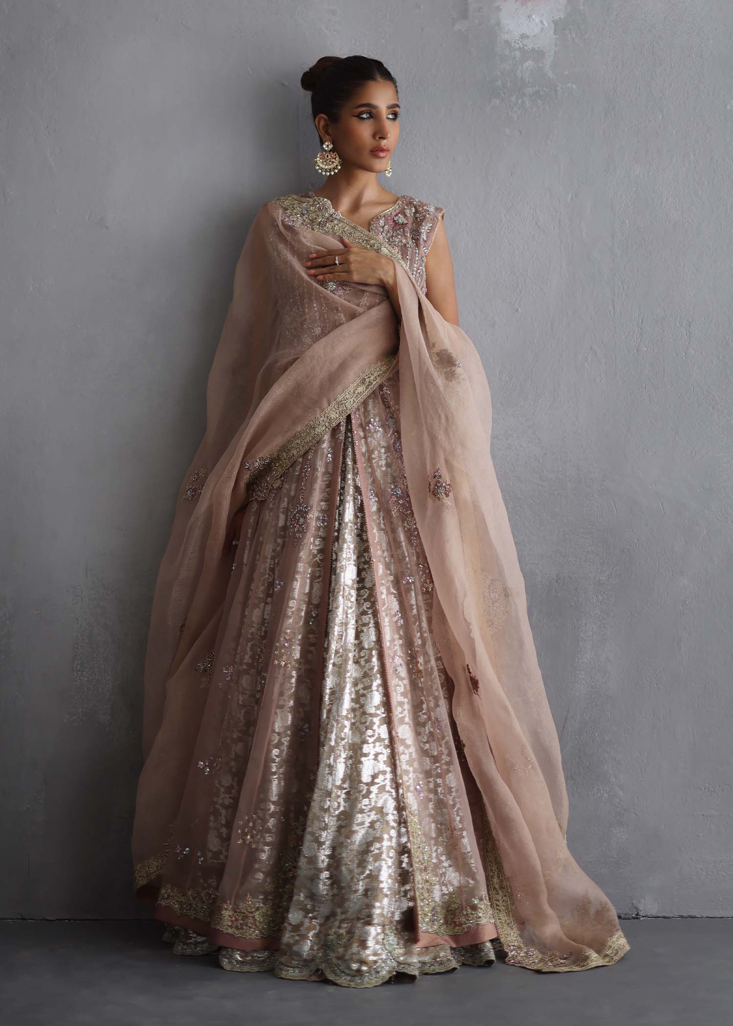 Pakistani Rose Pink Embellished Organza Gown with Lurex Lehenga (3-Piece) - Image 3