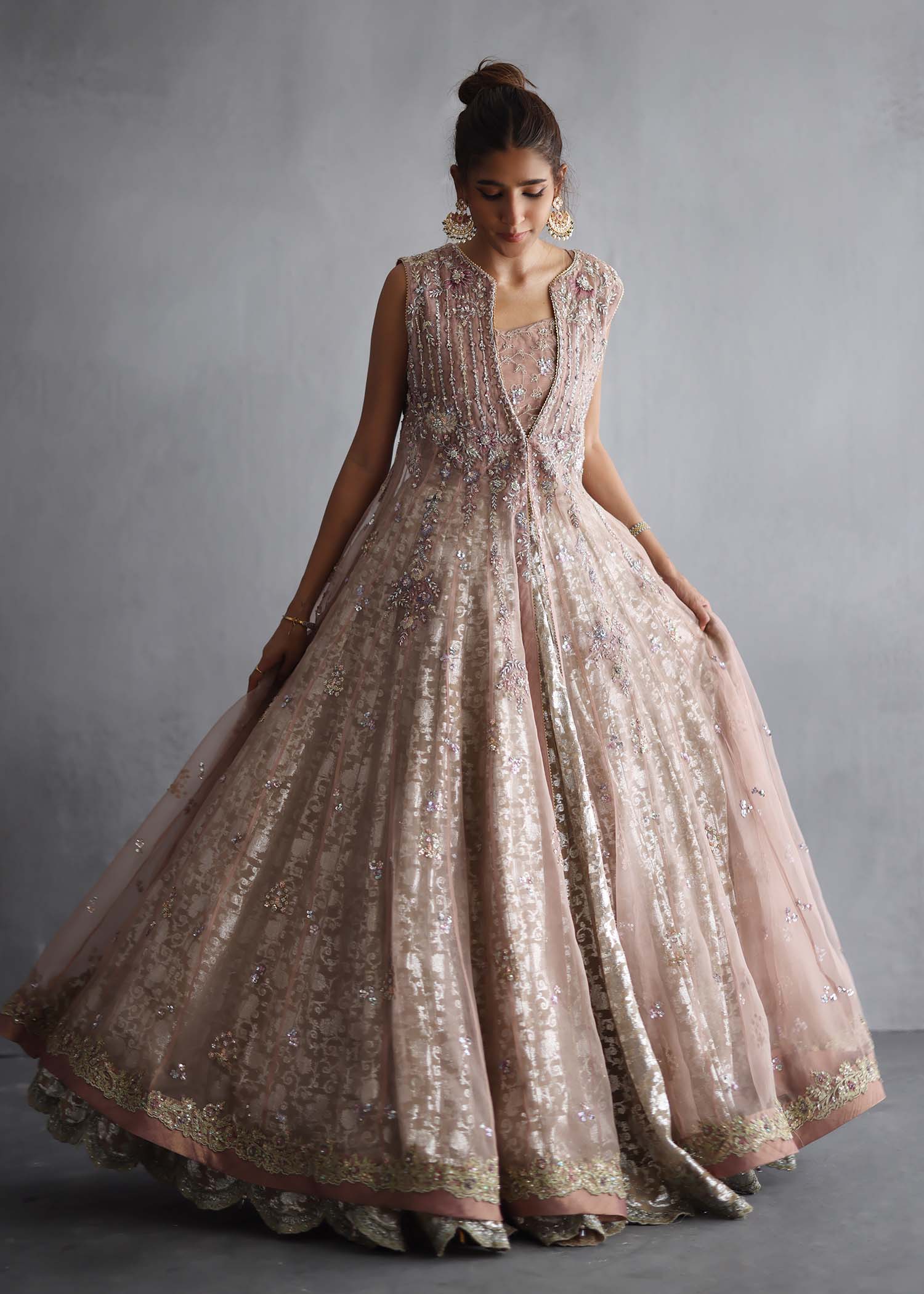Pakistani Rose Pink Embellished Organza Gown with Lurex Lehenga (3-Piece) - Image 4