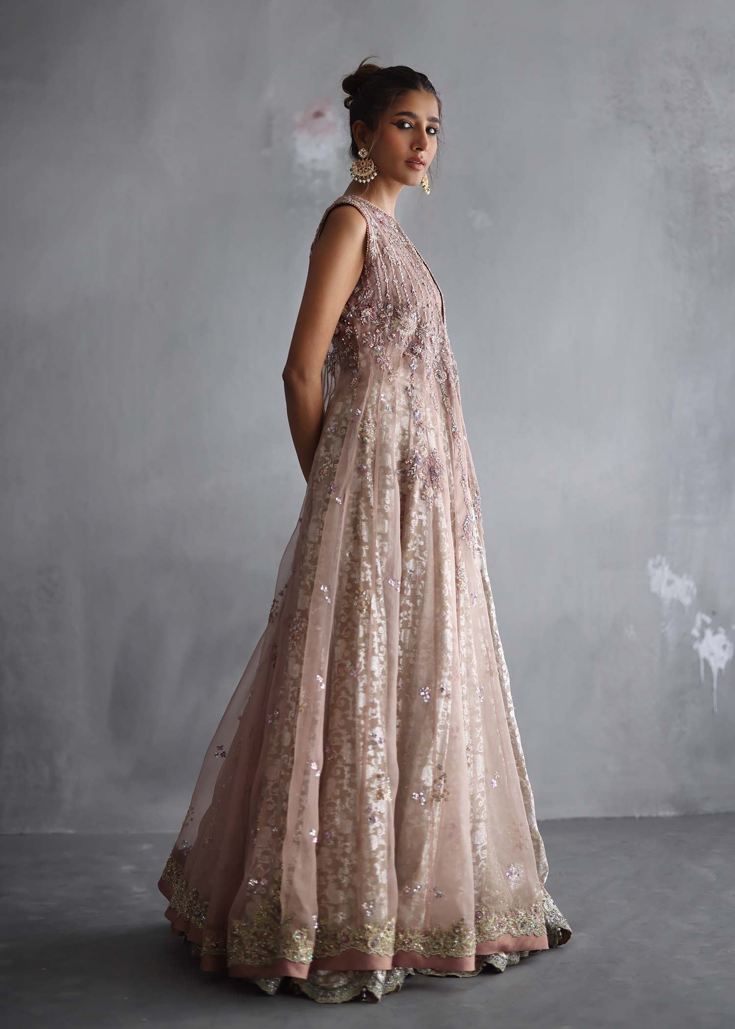 Pakistani Rose Pink Embellished Organza Gown with Lurex Lehenga (3-Piece) - Image 5