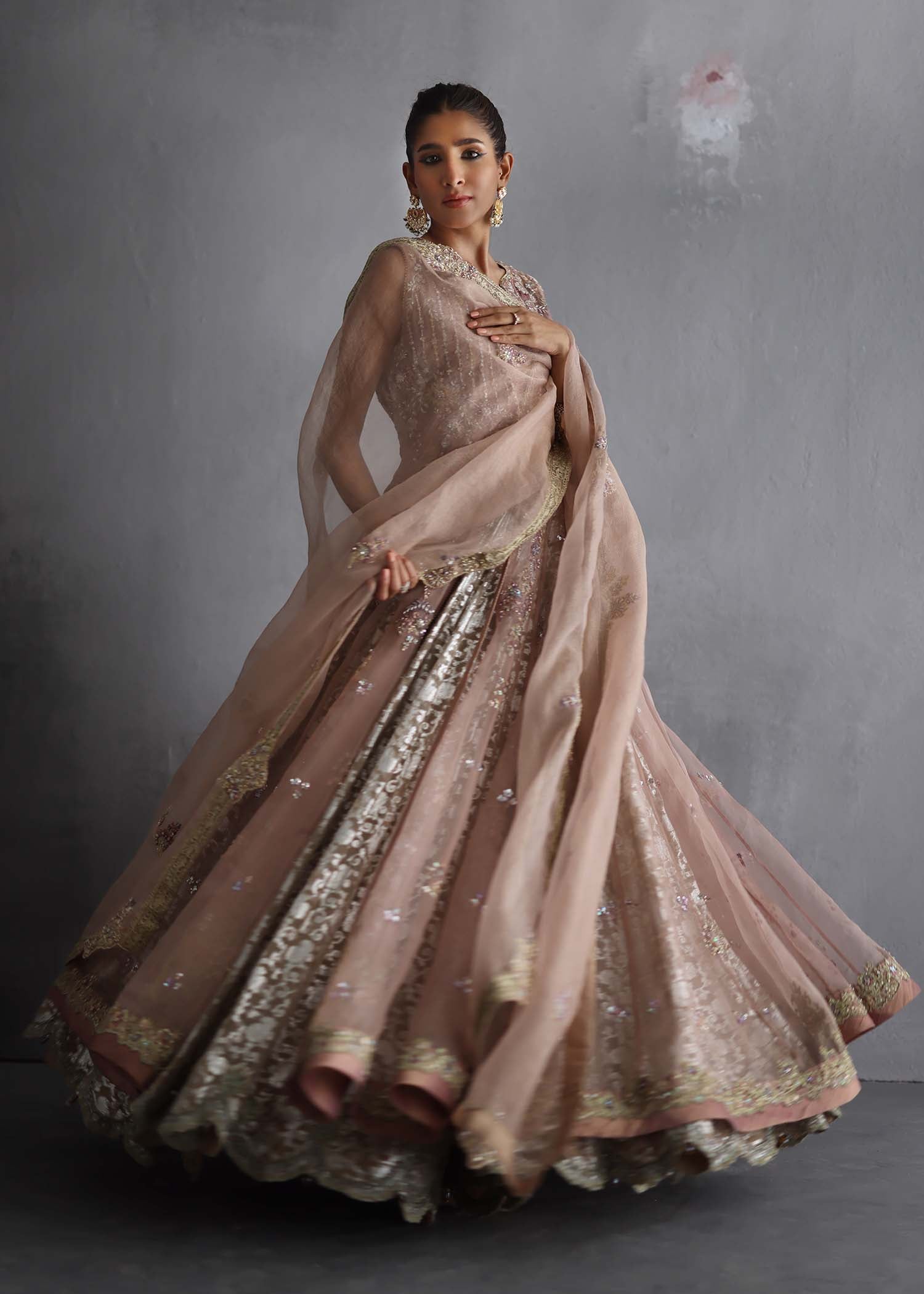 Pakistani Rose Pink Embellished Organza Gown with Lurex Lehenga (3-Piece) - Image 6