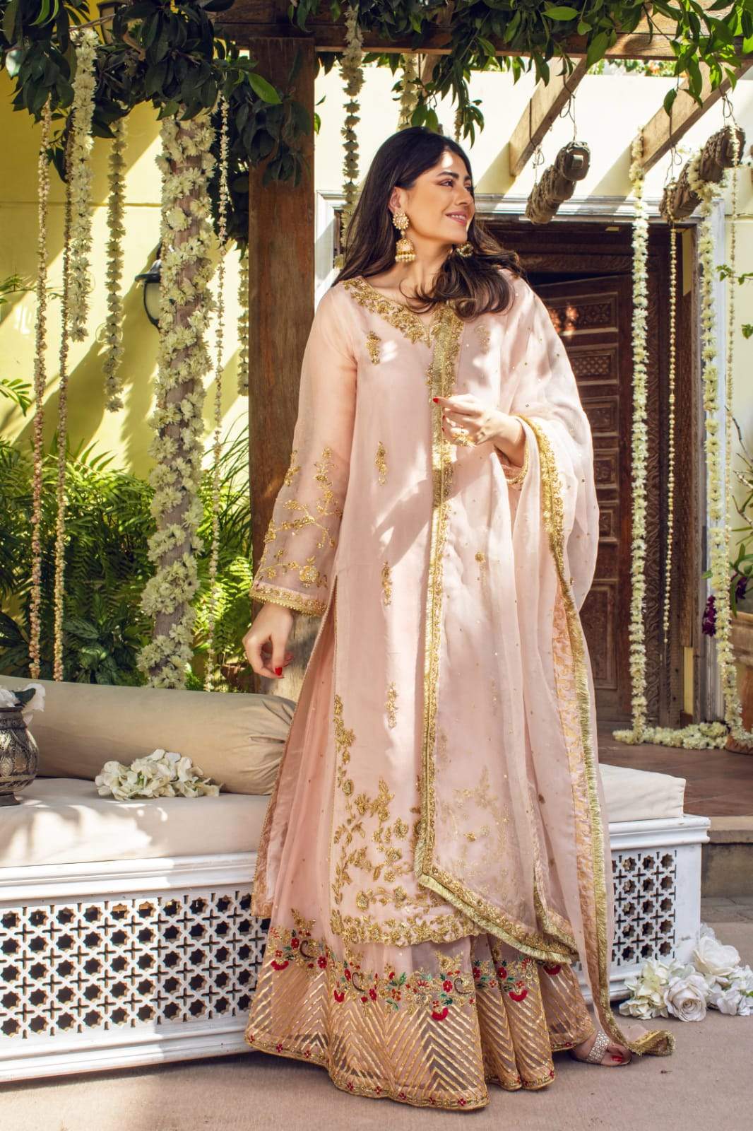 Pakistani Tea Pink Hand Embellished Organza Lehenga (3-Piece) - Image 1