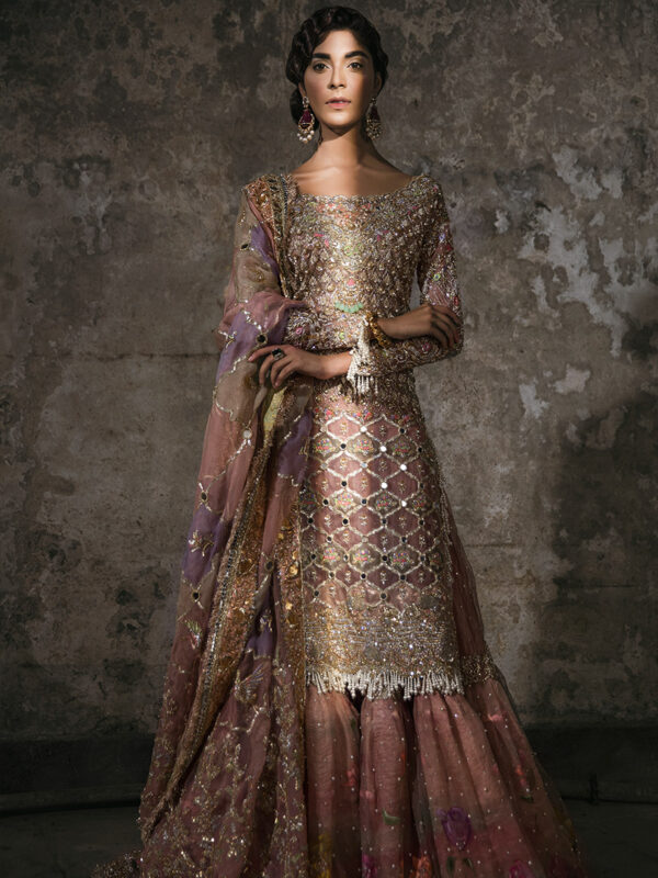 Pakistani Dusty Rose Zardozi Organza Farshi Lehenga (4-Piece) - Image 1