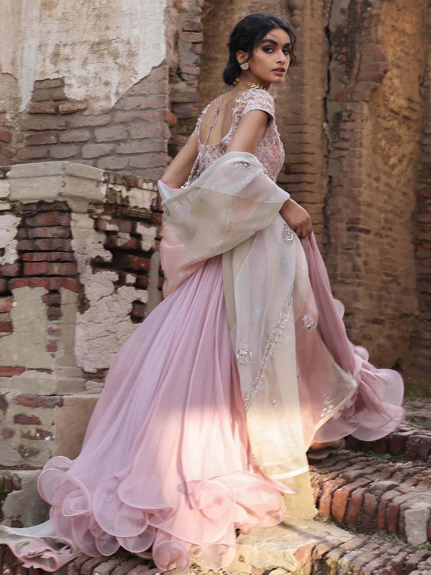 Pakistani Peony Pink Handwoven Organza Lehenga (3-Piece) - Image 1