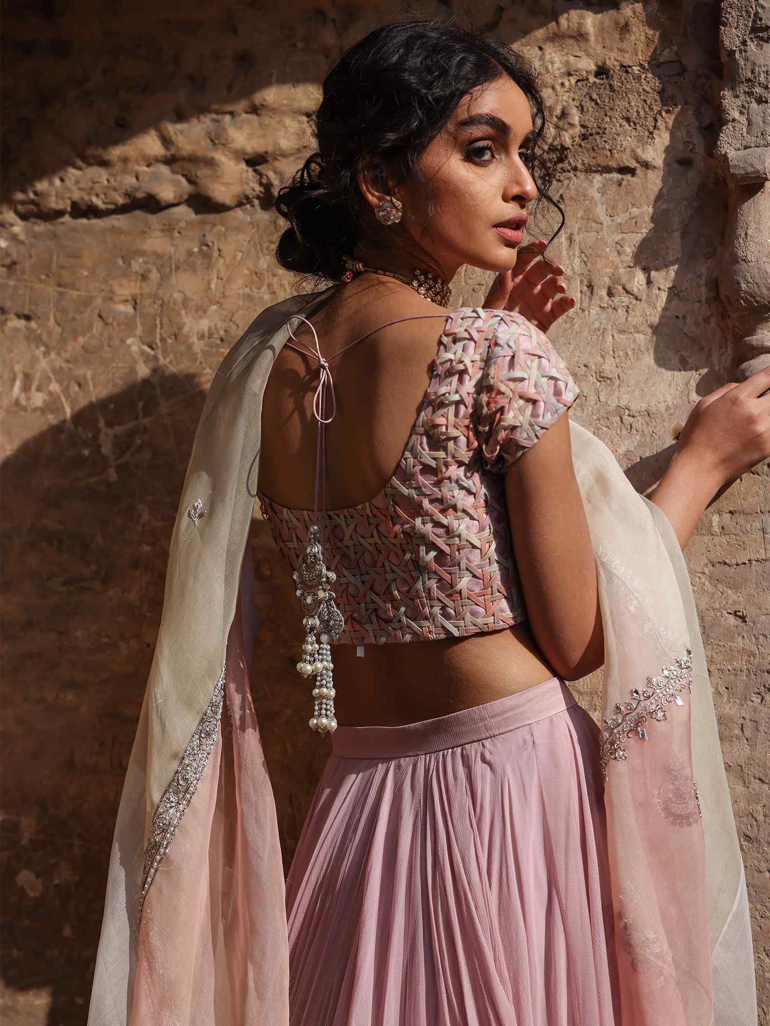 Pakistani Peony Pink Handwoven Organza Lehenga (3-Piece) - Image 2