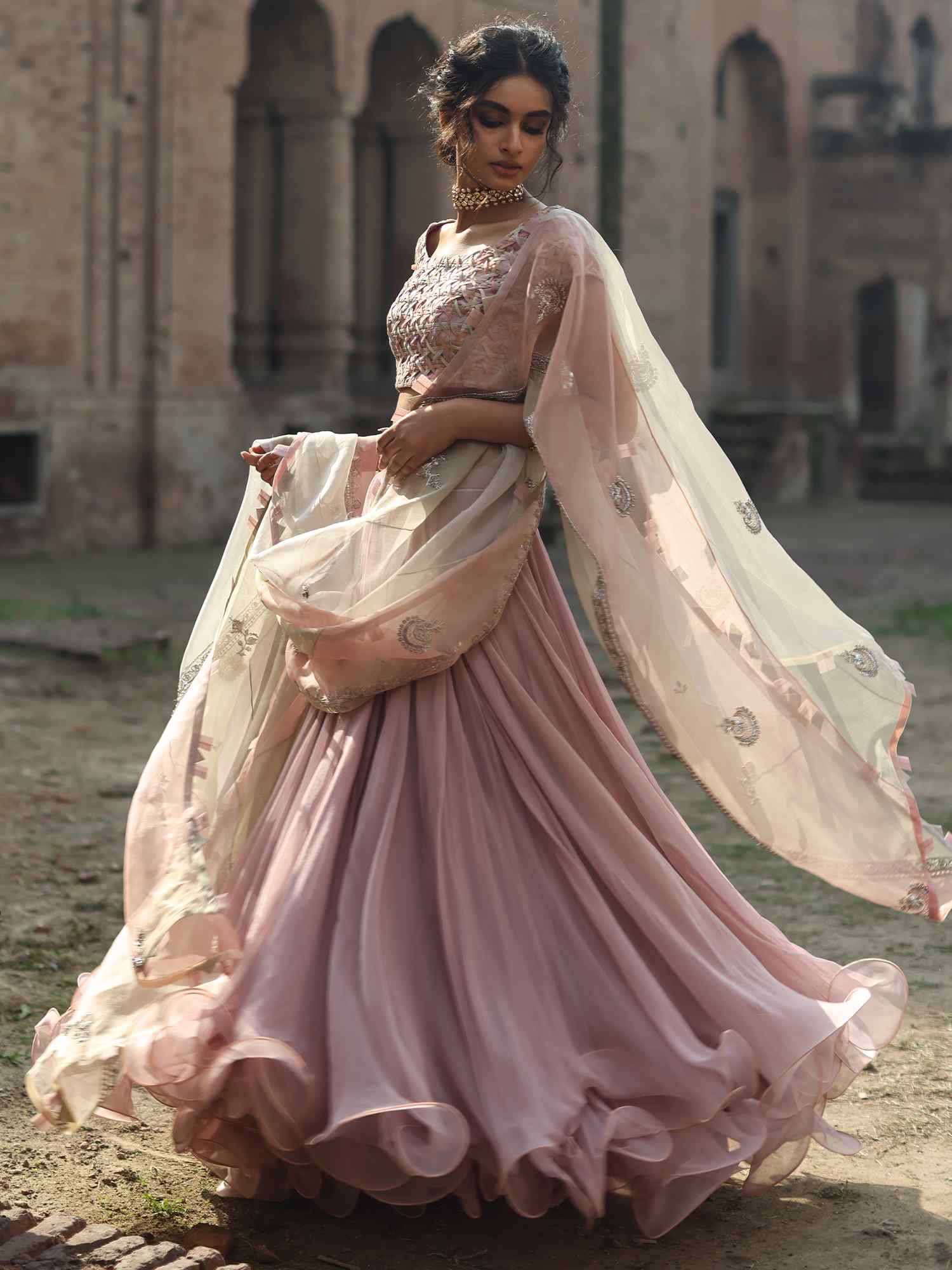 Pakistani Peony Pink Handwoven Organza Lehenga (3-Piece) - Image 4