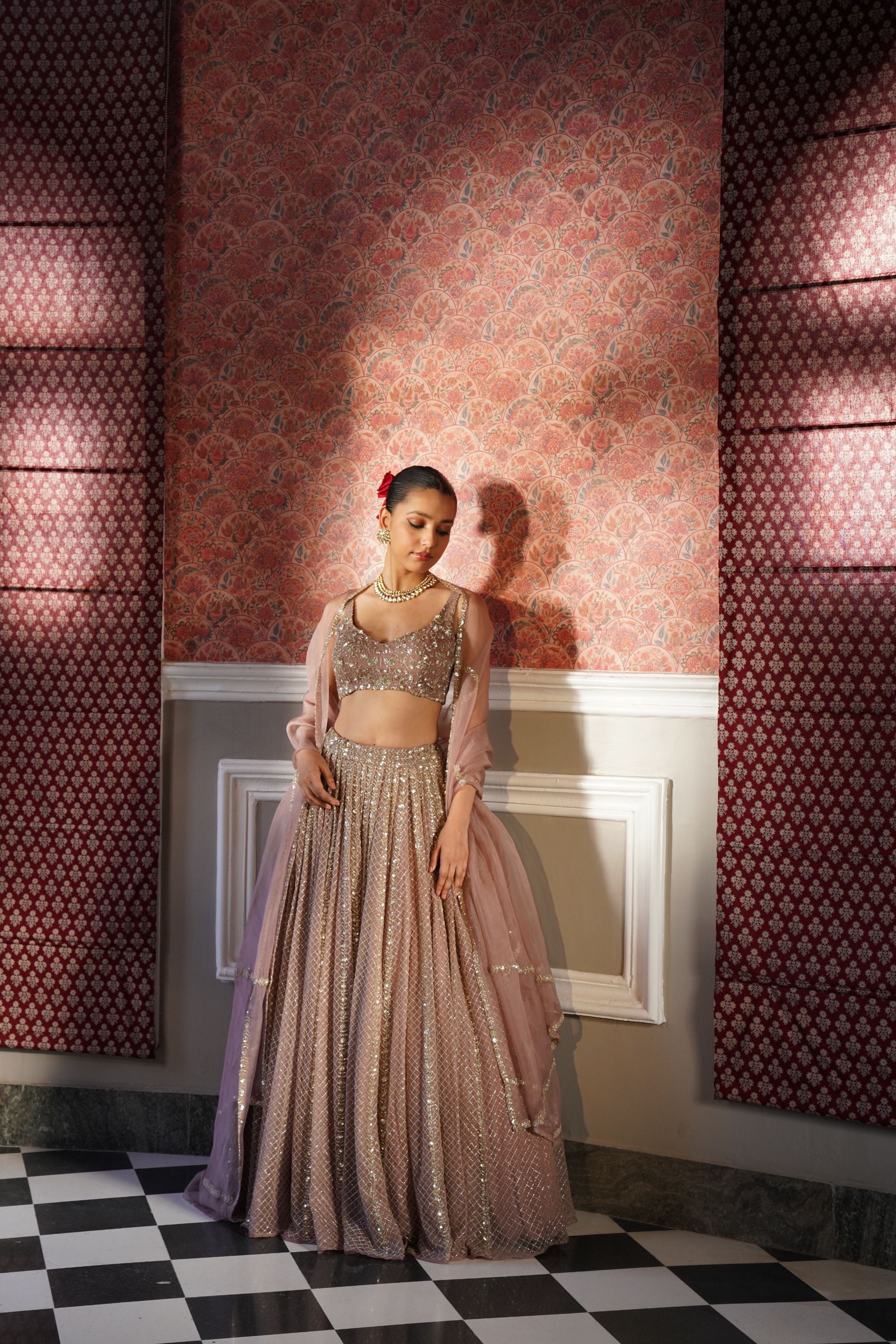 Onion Pink Jaal Work Organza Lehenga Set (3-Piece) - Image 1