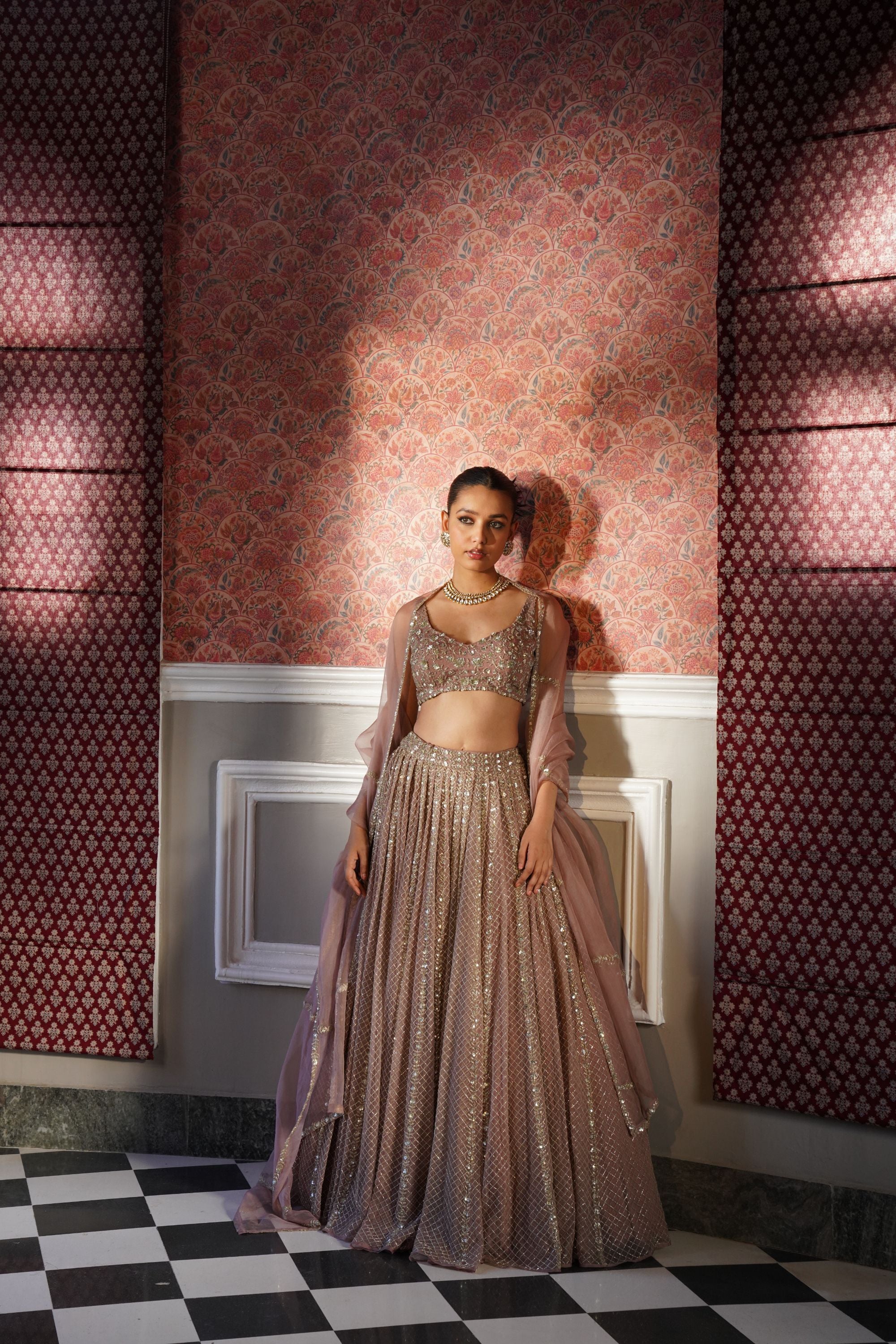 Onion Pink Jaal Work Organza Lehenga Set (3-Piece) - Image 4