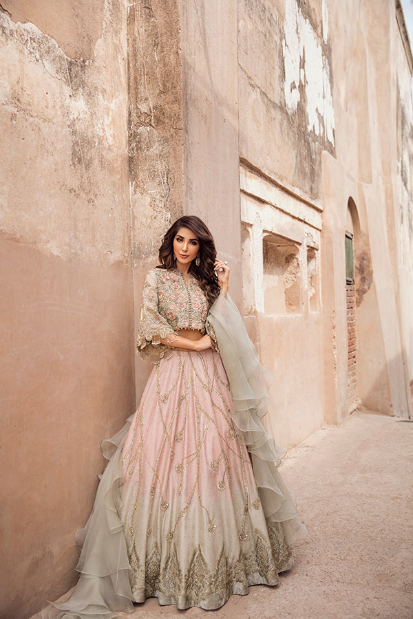 Blush Pink & Sage Embellished Organza Lehenga (3-Piece) - Image 4