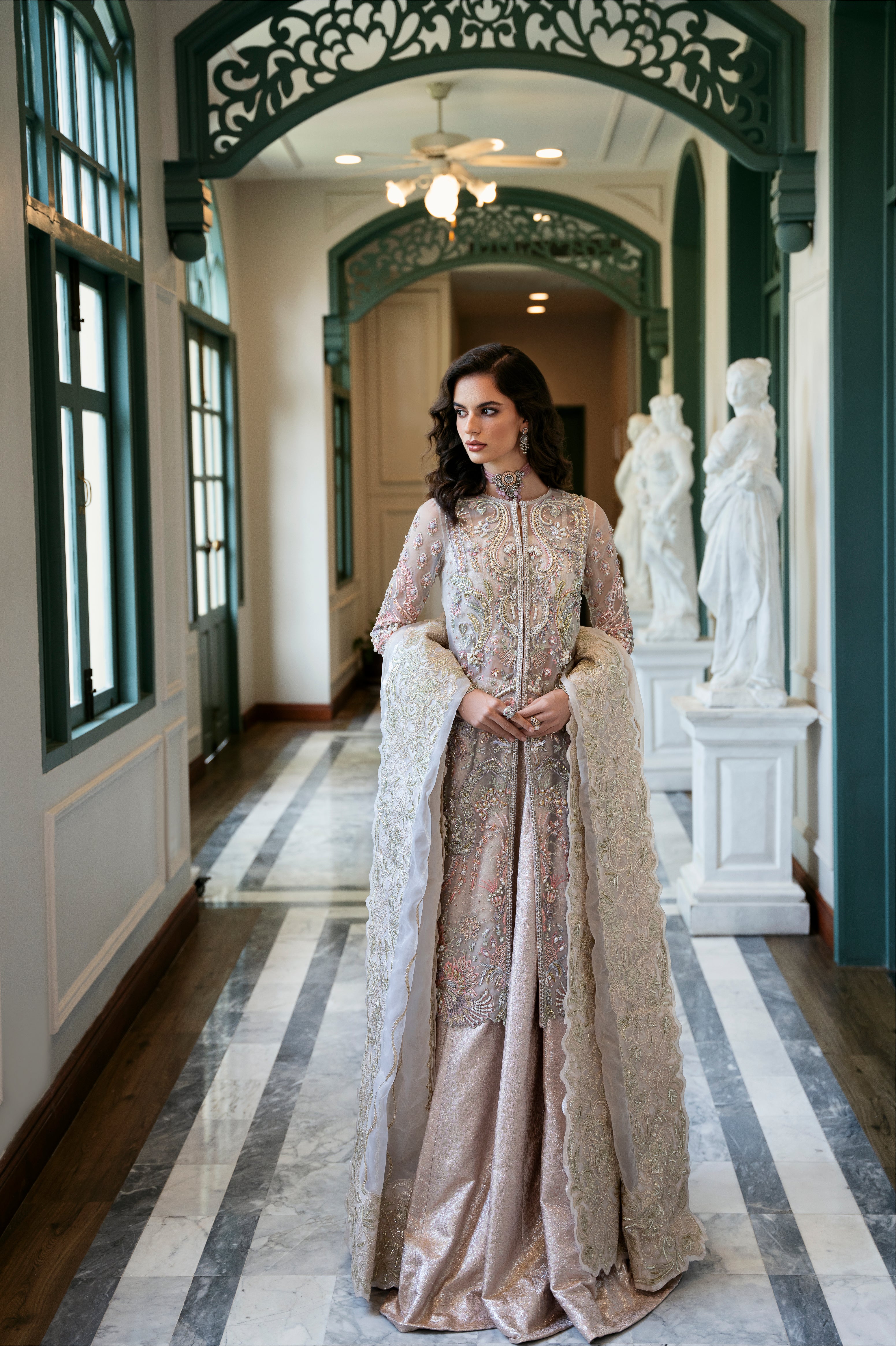 Blush Rose Embellished Organza & Jamawar Lehenga (3-Piece) - Image 1