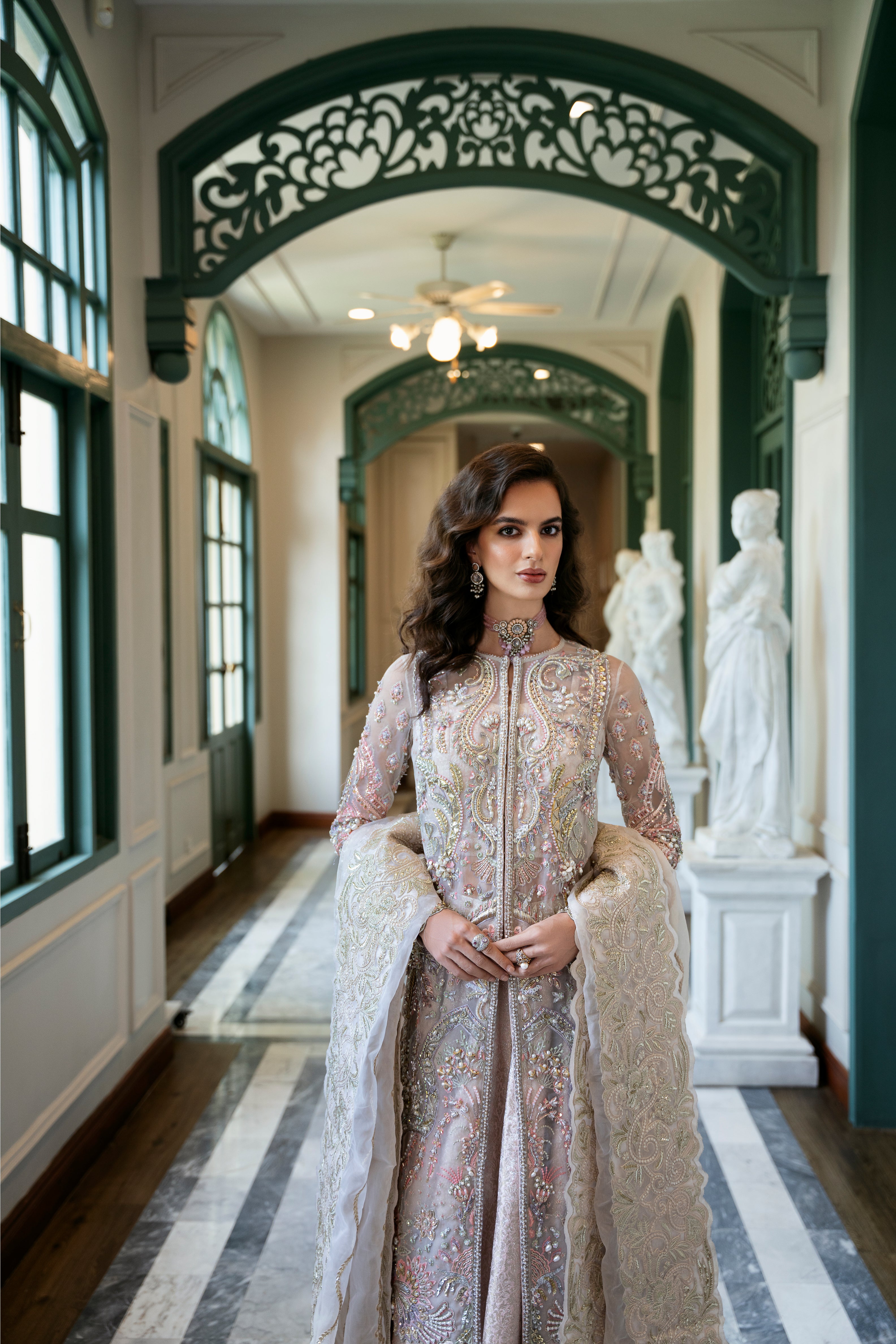 Blush Rose Embellished Organza & Jamawar Lehenga (3-Piece) - Image 2