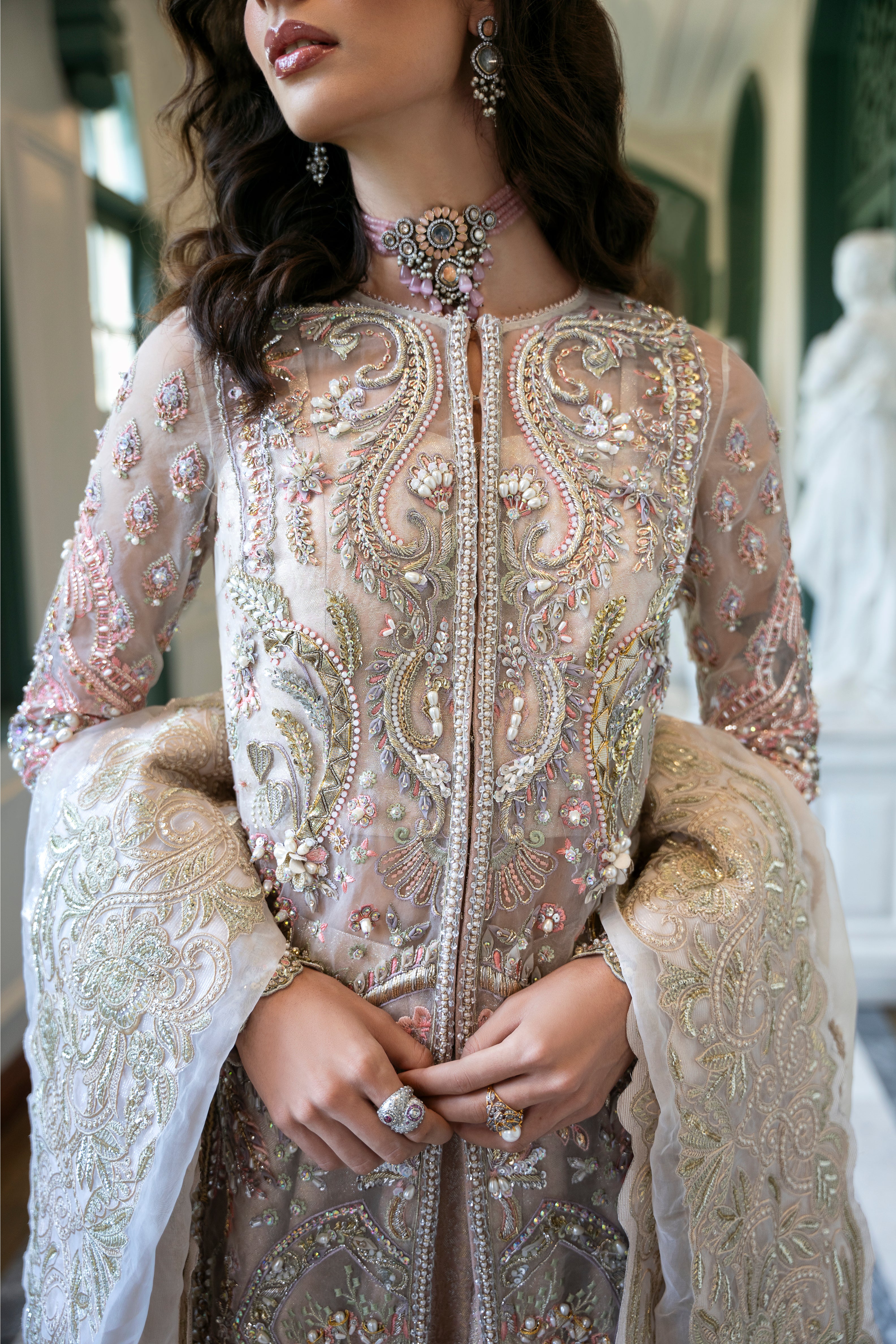 Blush Rose Embellished Organza & Jamawar Lehenga (3-Piece) - Image 3