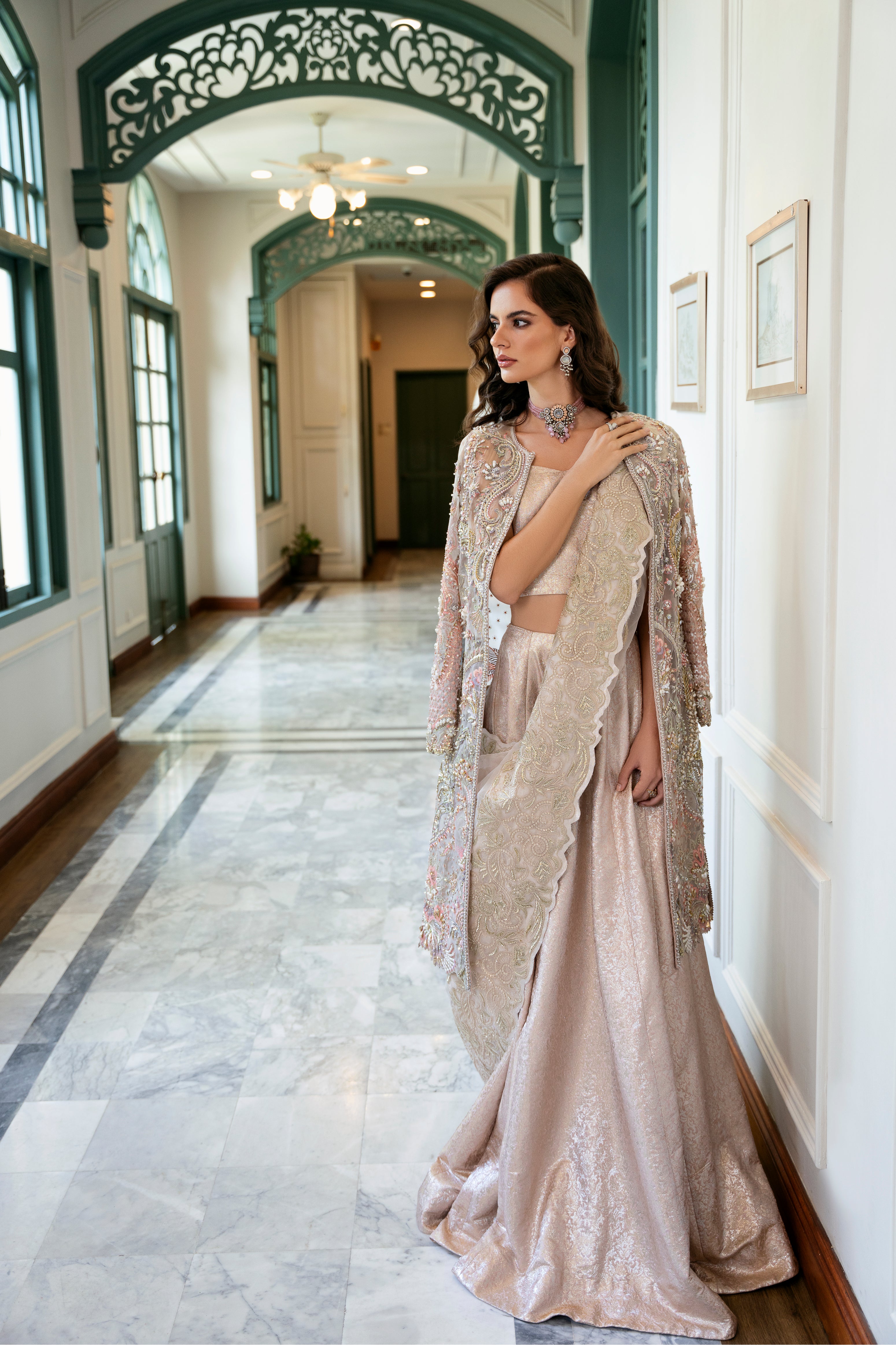 Blush Rose Embellished Organza & Jamawar Lehenga (3-Piece) - Image 5