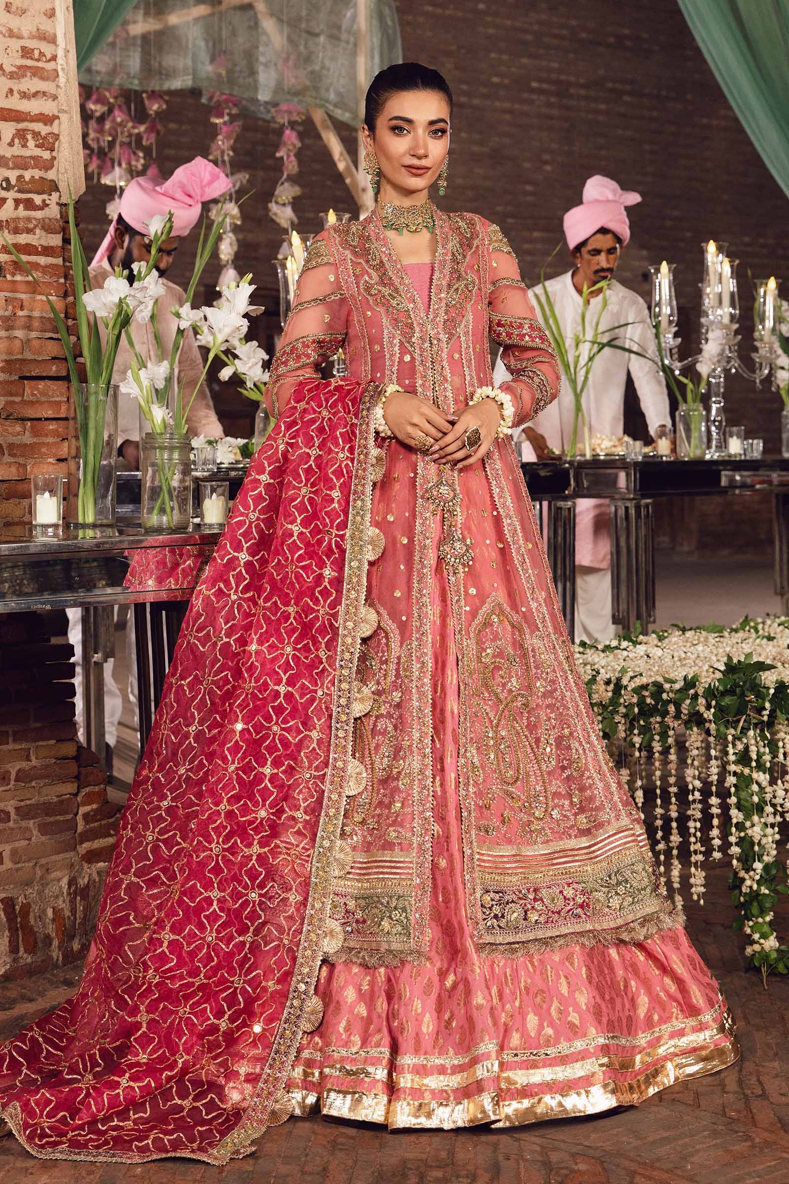 Pakistani Coral Pink Embroidered Organza Frock & Kamkhwab Lehenga (3-Piece) - Image 1