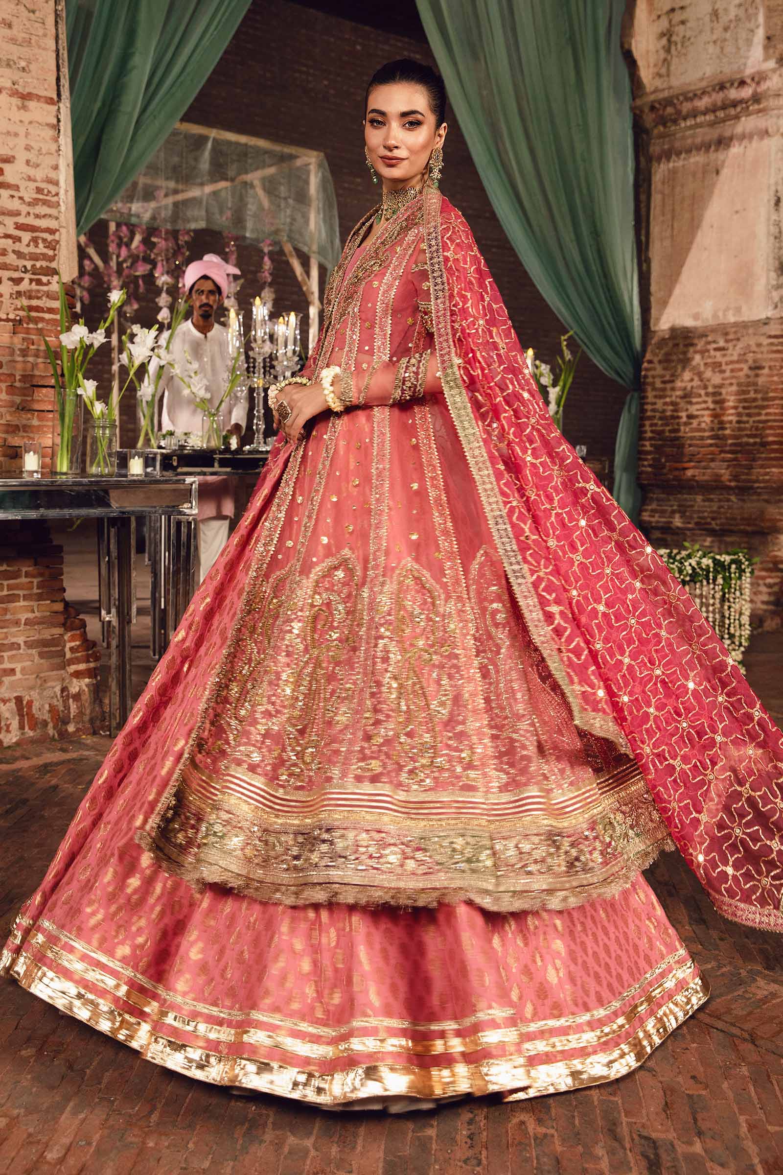 Pakistani Coral Pink Embroidered Organza Frock & Kamkhwab Lehenga (3-Piece) - Image 3