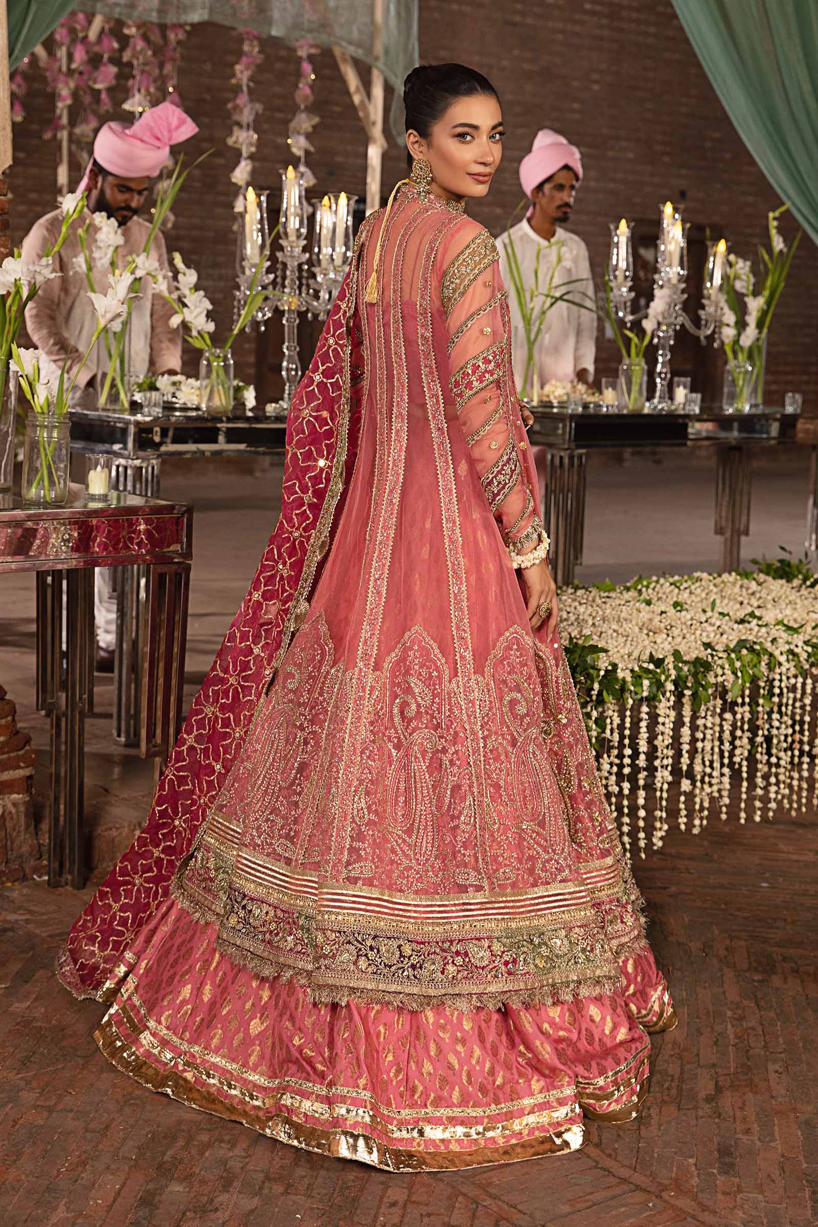 Pakistani Coral Pink Embroidered Organza Frock & Kamkhwab Lehenga (3-Piece) - Image 4