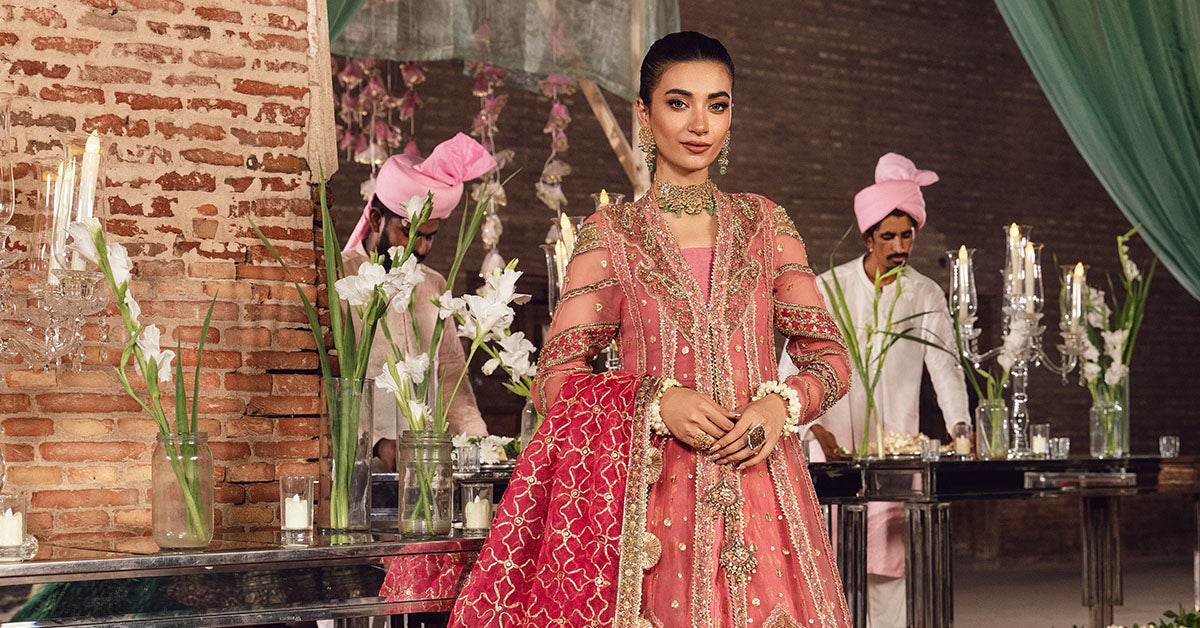 Pakistani Coral Pink Embroidered Organza Frock & Kamkhwab Lehenga (3-Piece) - Image 5