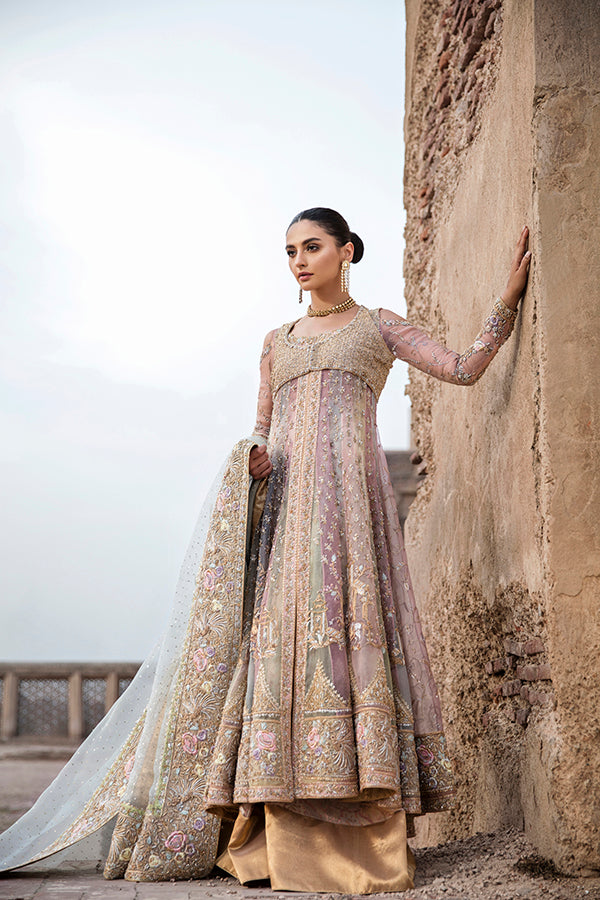 Pakistani Pastel Multi-Colour Embroidered Net Organza Lehenga (3-Piece) - Image 1