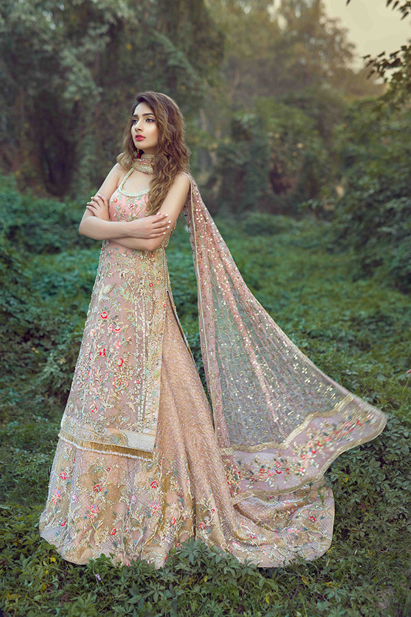 Pastel Pink Hand-Embellished Organza & Mesh Lehenga (3-Piece) - Image 1