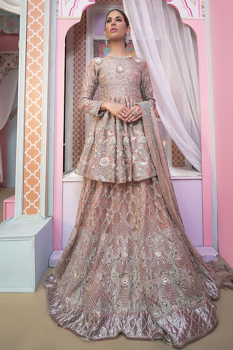 Dusty Pink Embellished Organza Peplum Lehenga (3-Piece) - Image 1