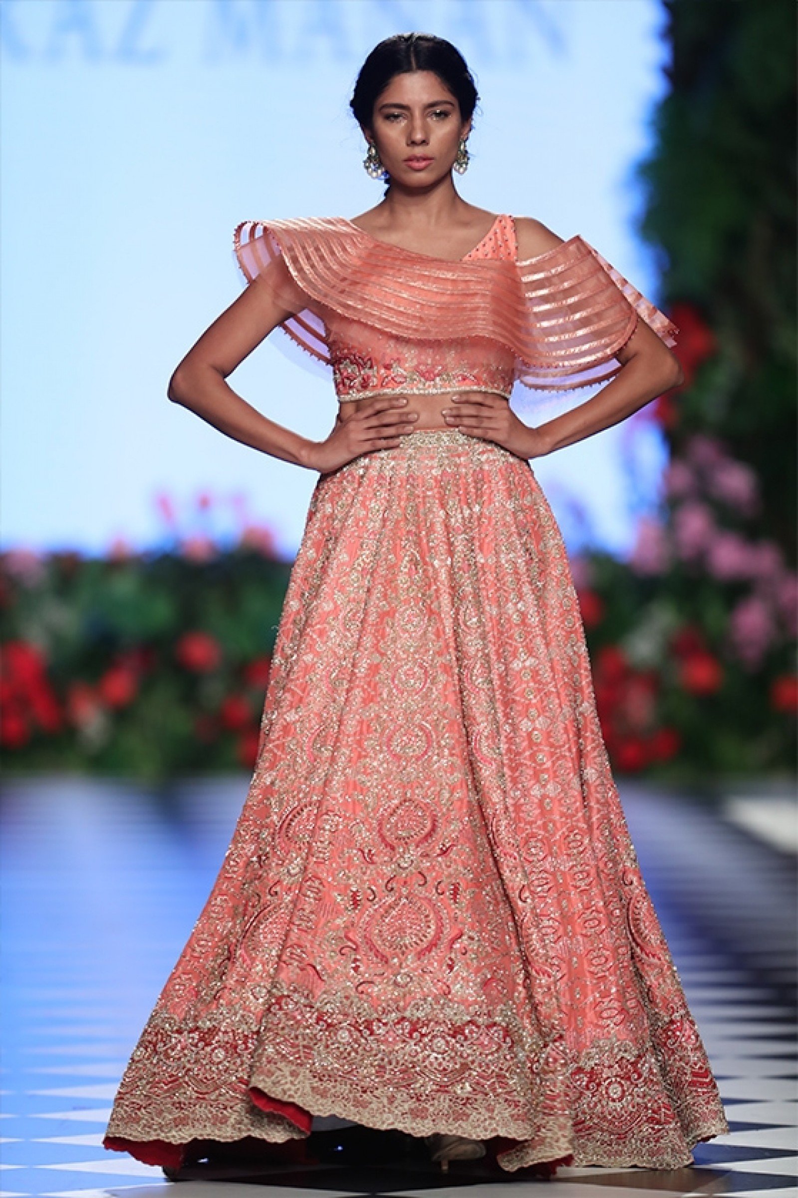 Pakistani Coral Embroidered Net Lehenga with Ruffled Organza Top (2-Piece) - Image 1