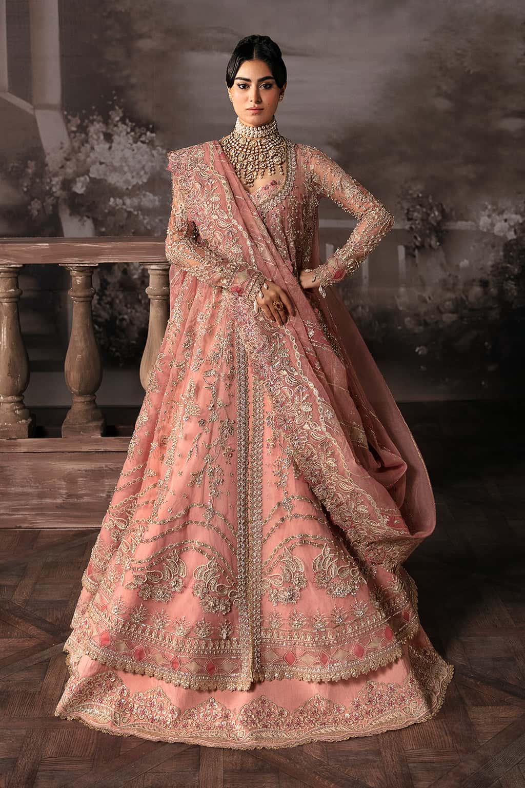 Tea Pink Hand-Embellished Organza Bridal Lehenga (3-Piece) - Image 1