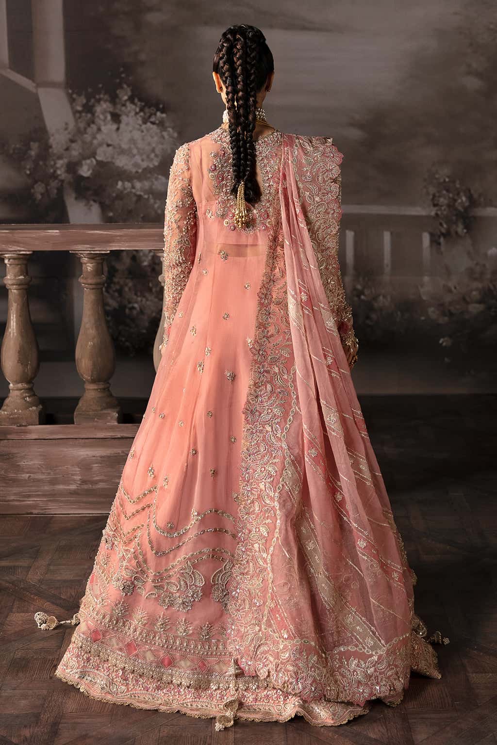 Tea Pink Hand-Embellished Organza Bridal Lehenga (3-Piece) - Image 2