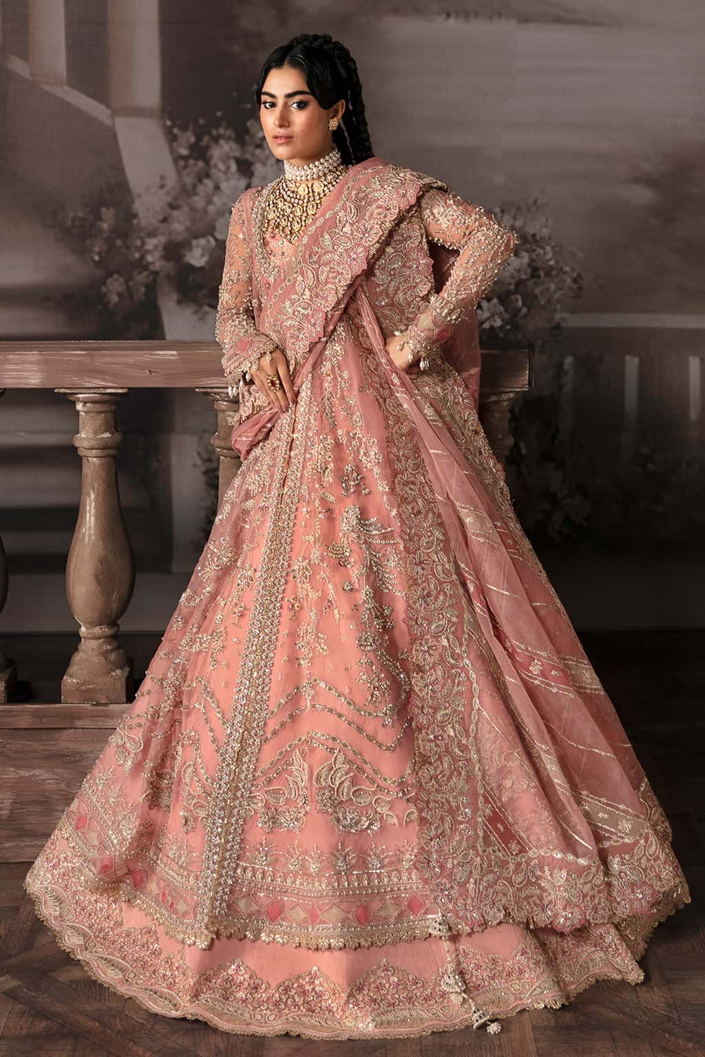 Tea Pink Hand-Embellished Organza Bridal Lehenga (3-Piece) - Image 3