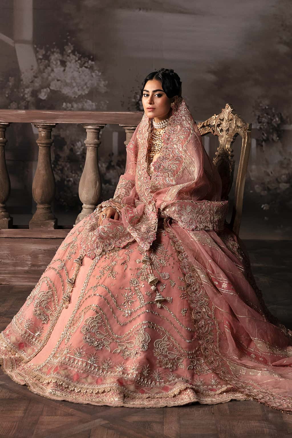 Tea Pink Hand-Embellished Organza Bridal Lehenga (3-Piece) - Image 4