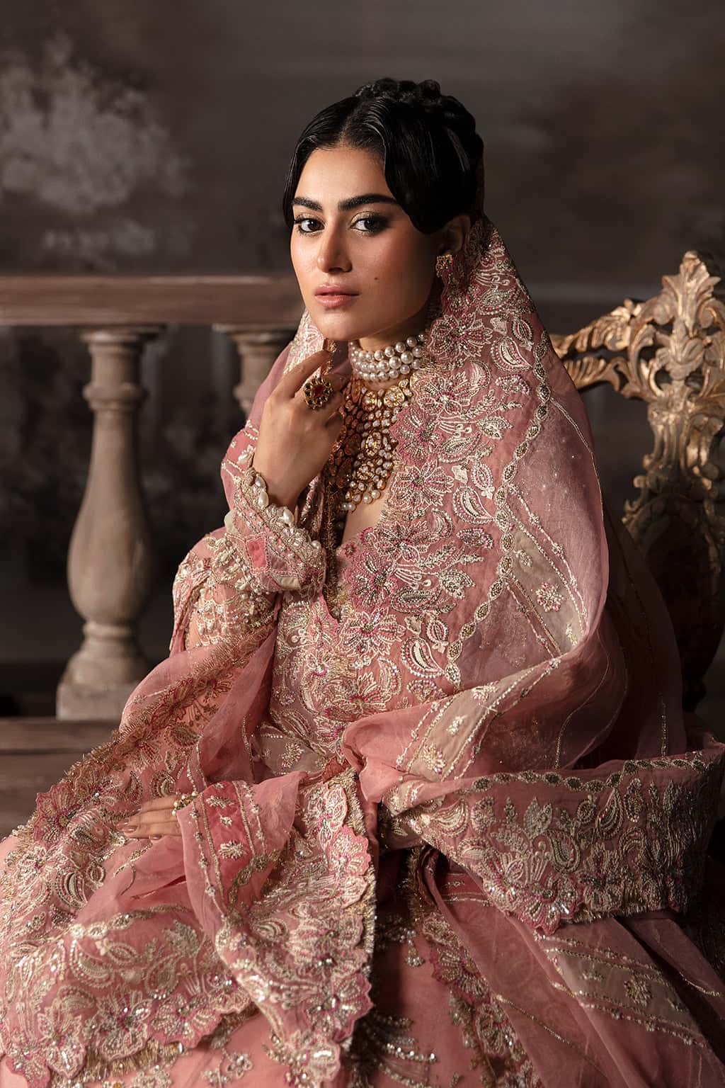Tea Pink Hand-Embellished Organza Bridal Lehenga (3-Piece) - Image 5