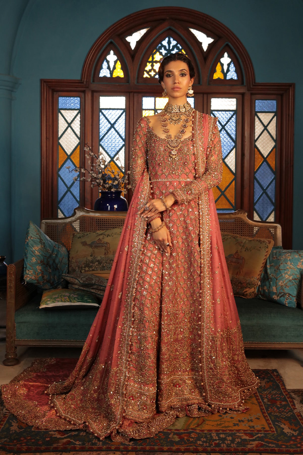 Coral Mukesh Organza & Jamawar Lehnga (3-Piece) - Image 1